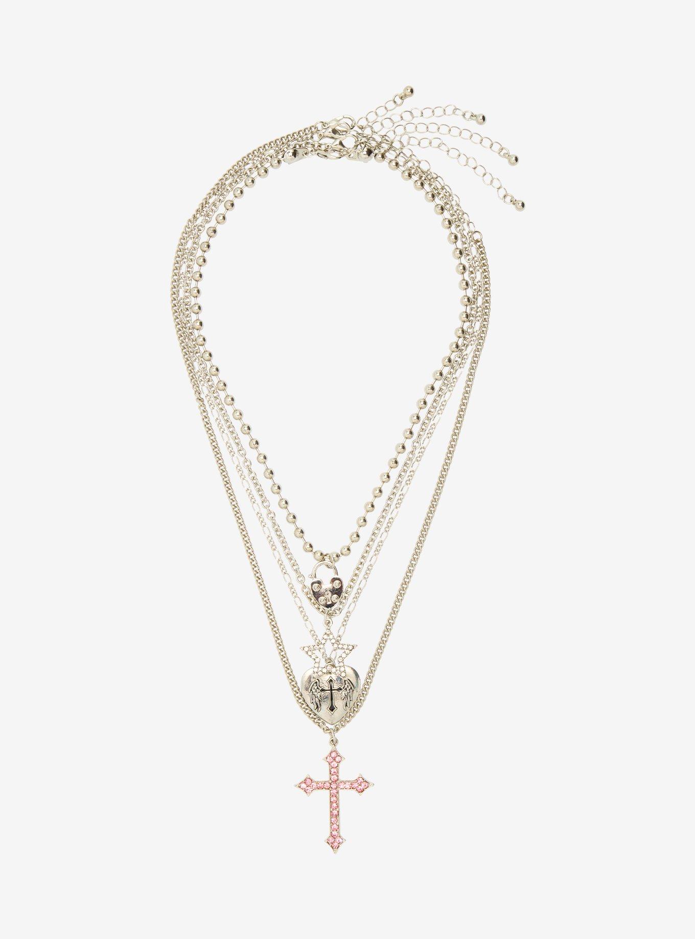 Pink Rhinestone Cross Heart Necklace Set, , hi-res