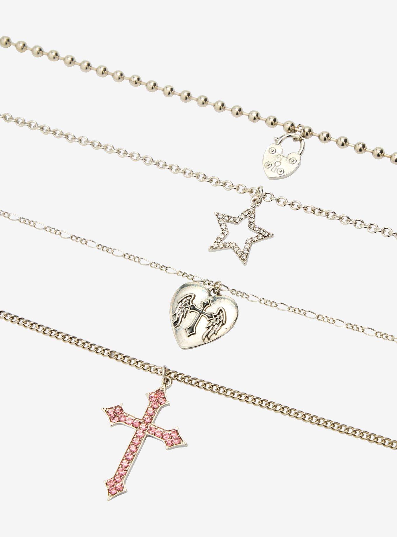 Pink Rhinestone Cross Heart Necklace Set, , alternate