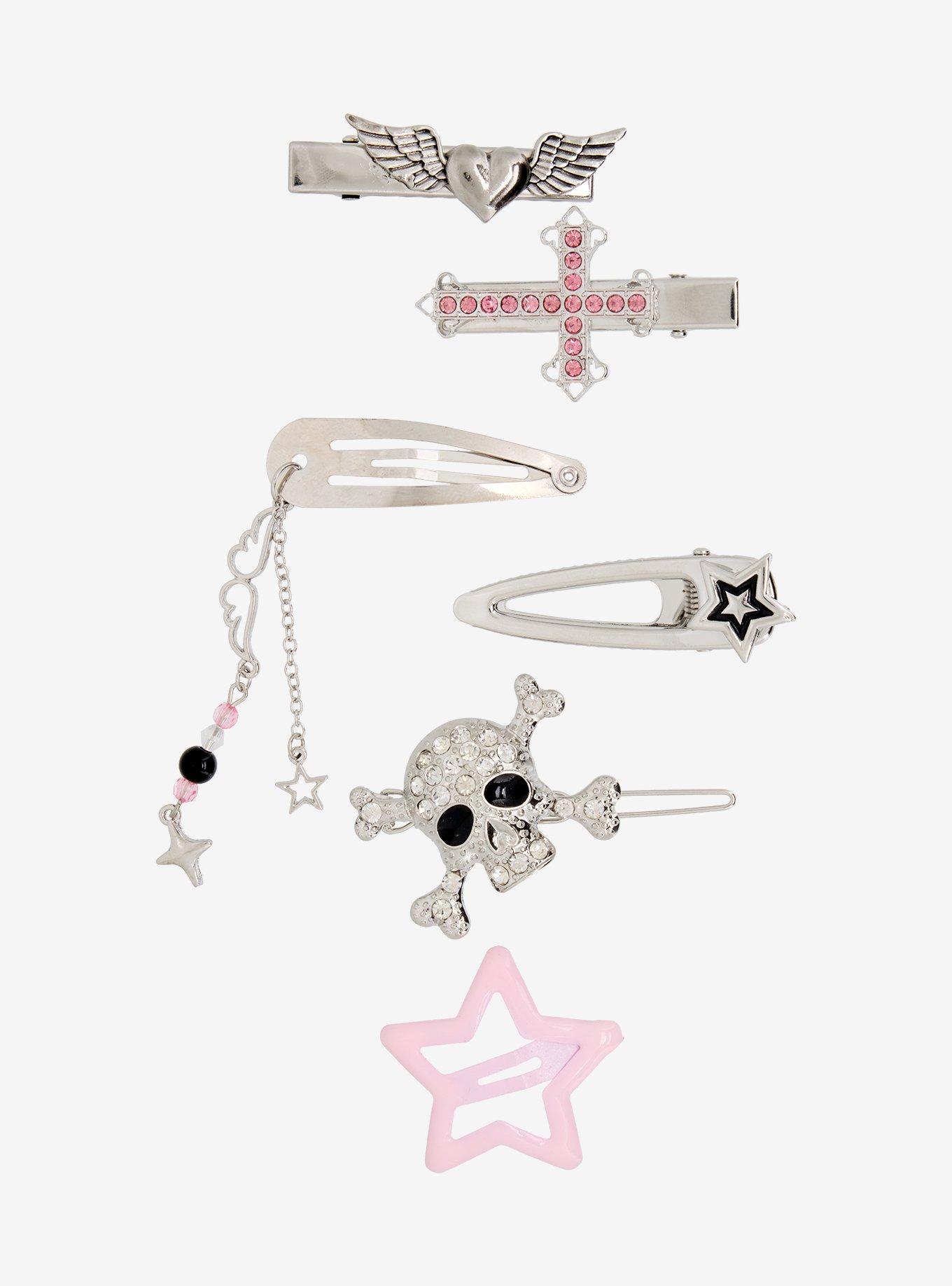 Pink Cross & Skull Hair Clip Set, , hi-res