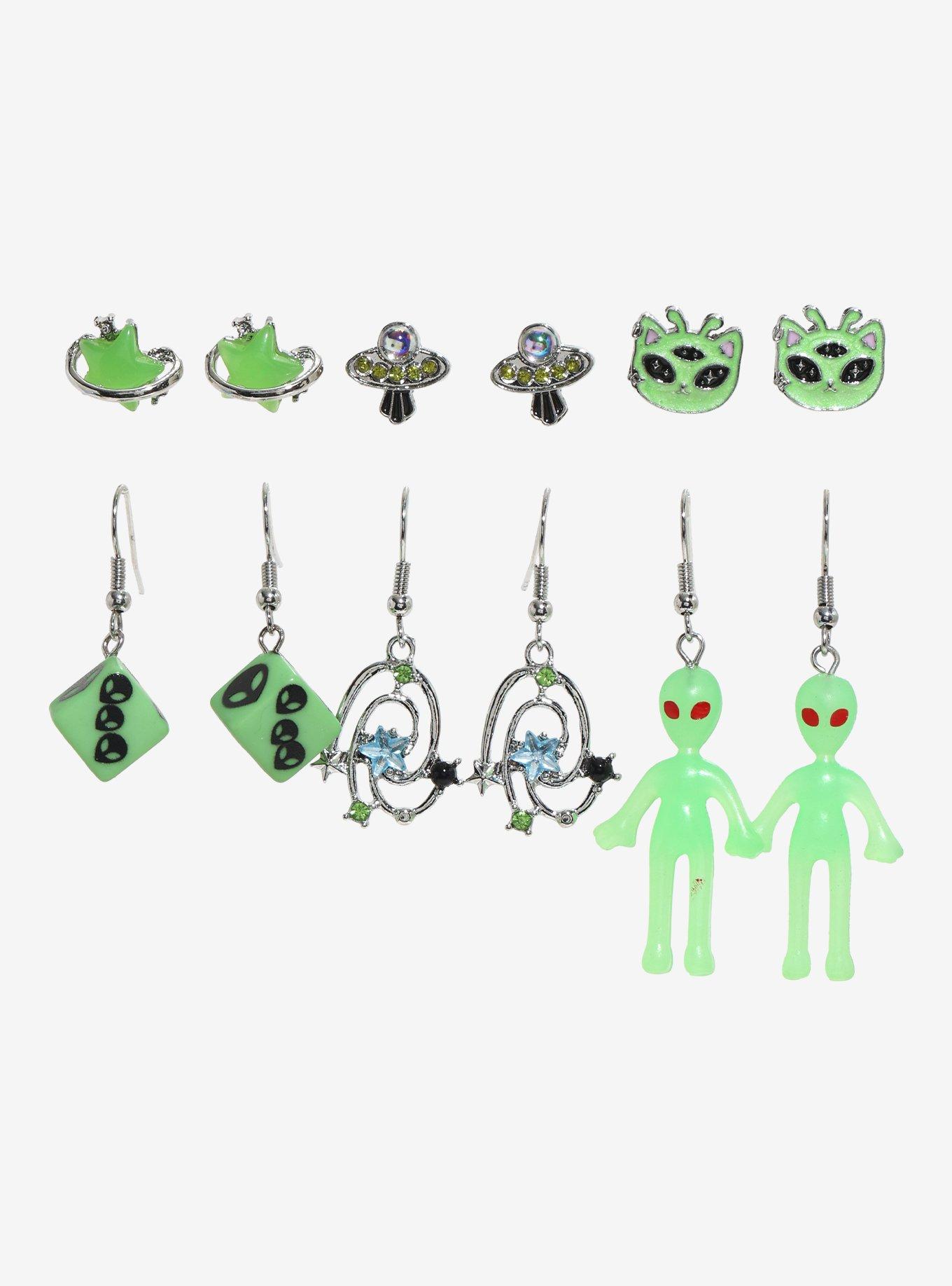 Green Alien Spaceship Earring Set, , hi-res