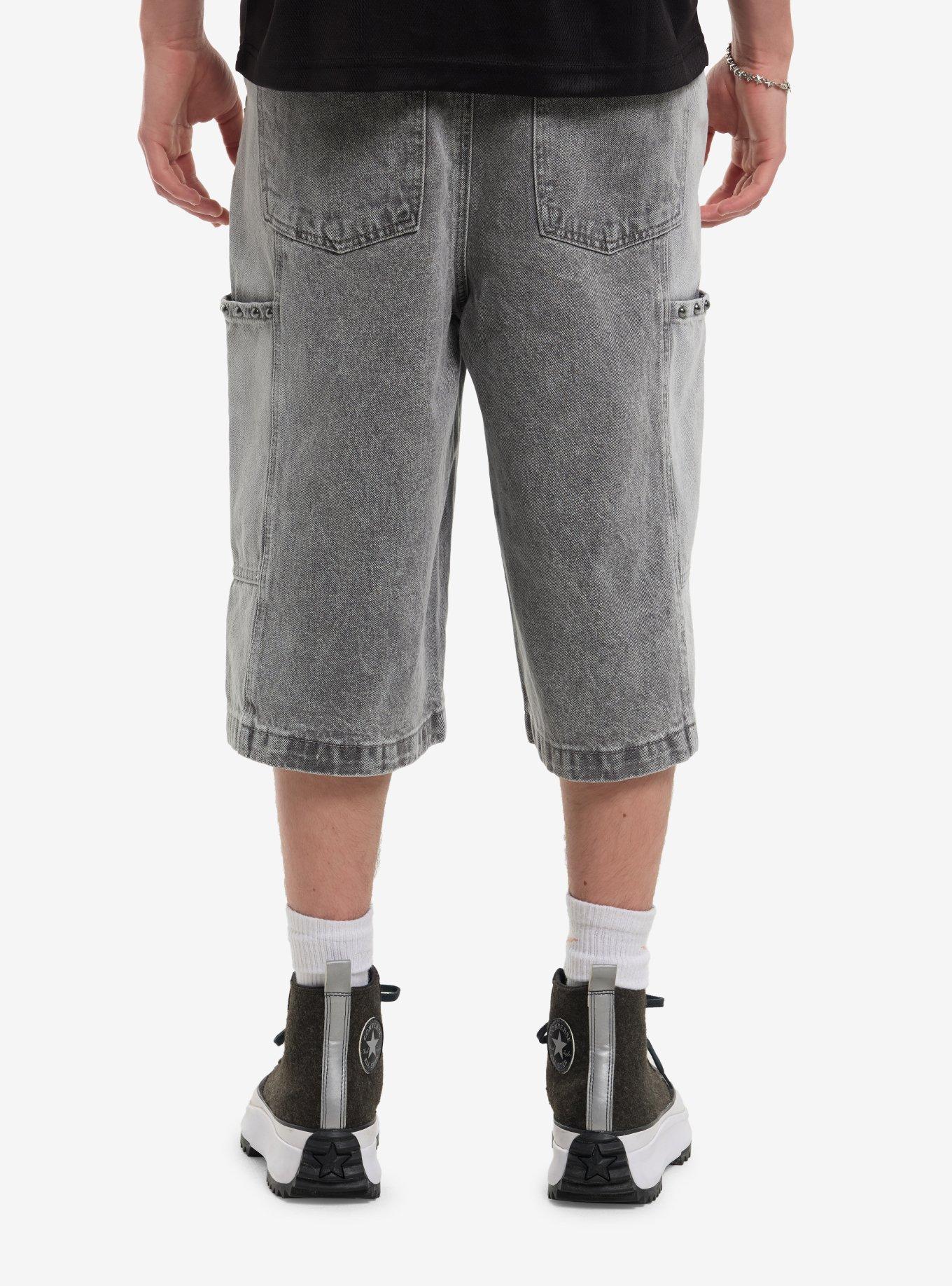 Grey Acid Wash Studded Jorts, , hi-res