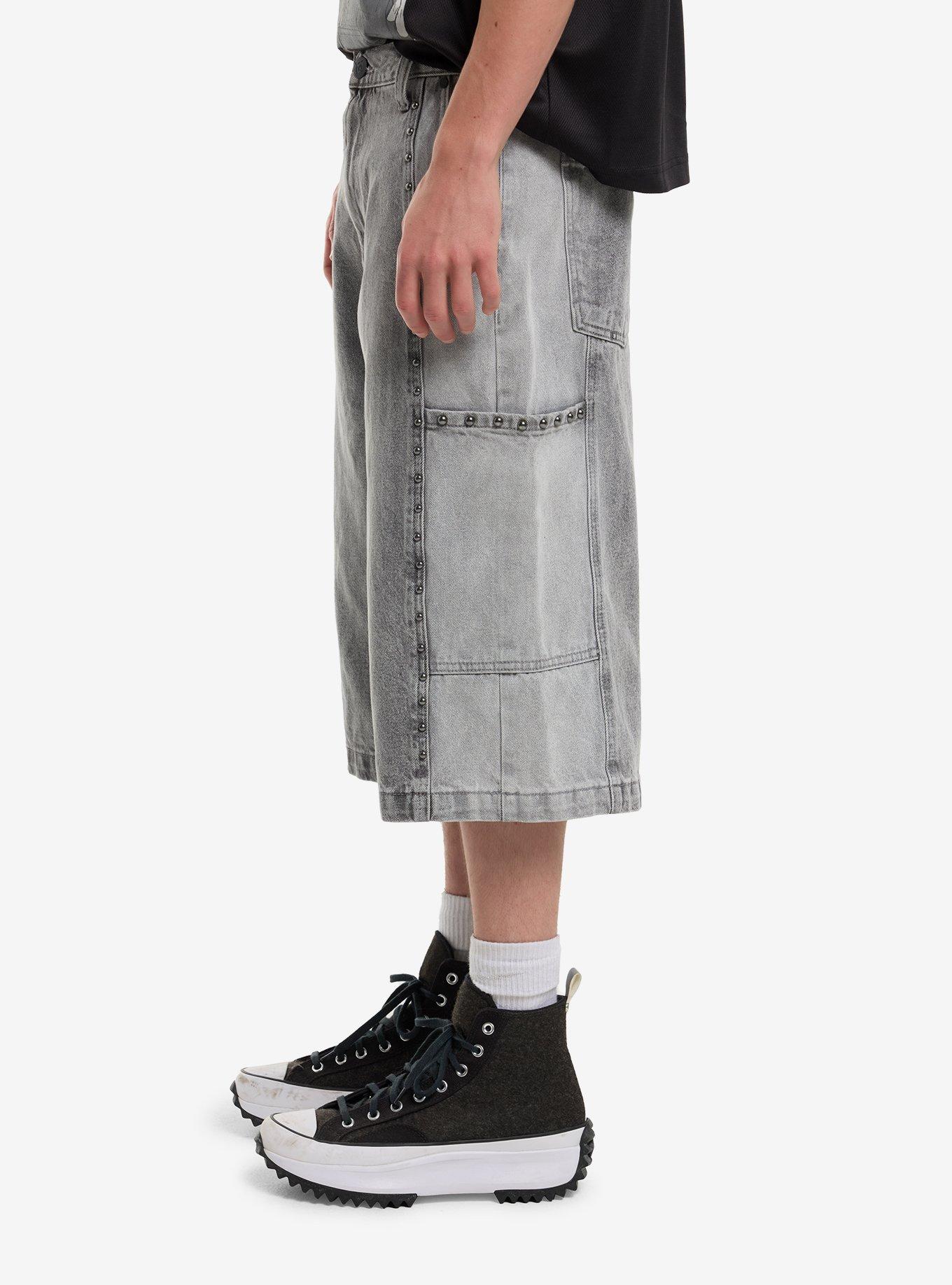Grey Acid Wash Studded Jorts, GREY, alternate