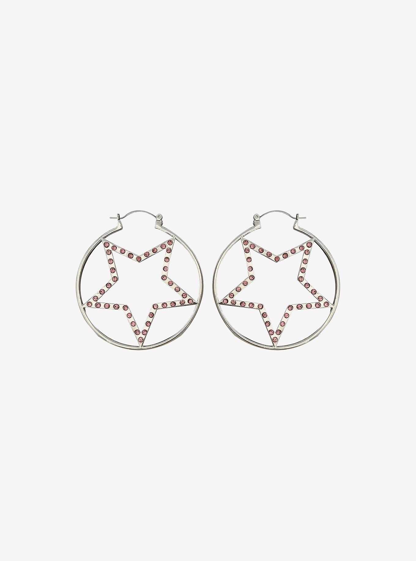 Social Collision Pink Rhinestone Star Hoop Earrings, , hi-res