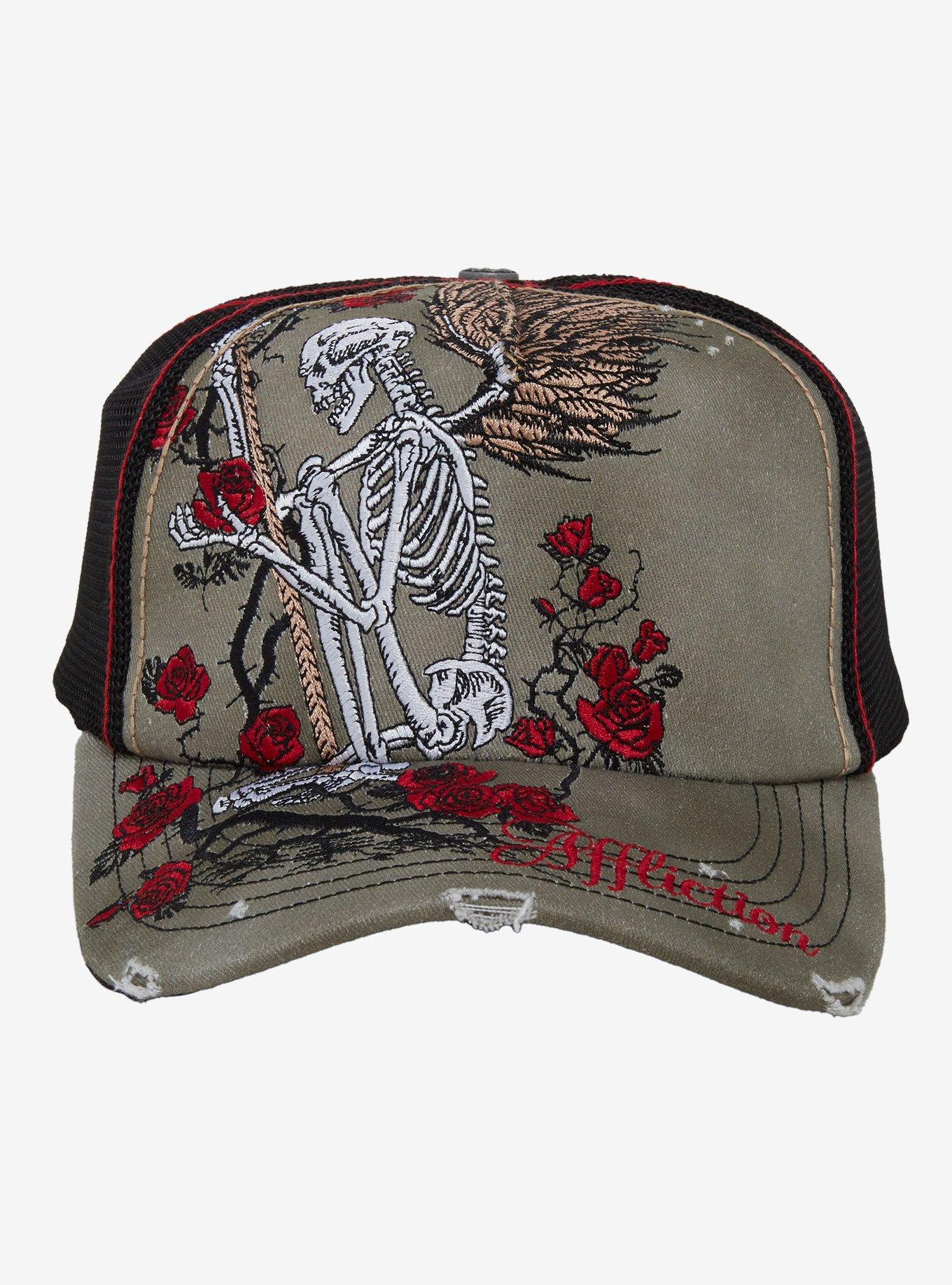 Affliction Skeleton Roses Trucker Hat, , hi-res