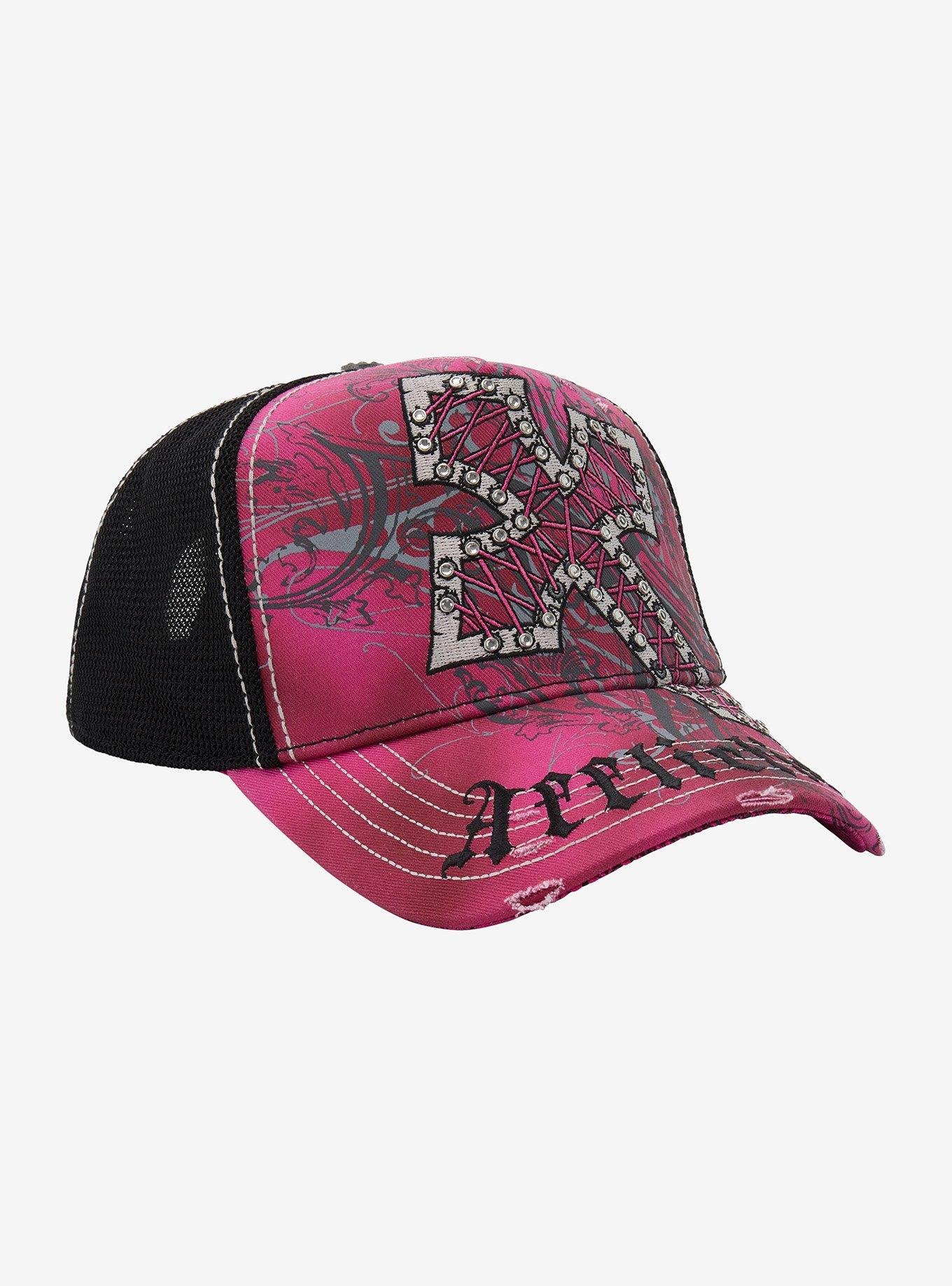 Affliction Pink Cross Rhinestone Trucker Hat, , hi-res