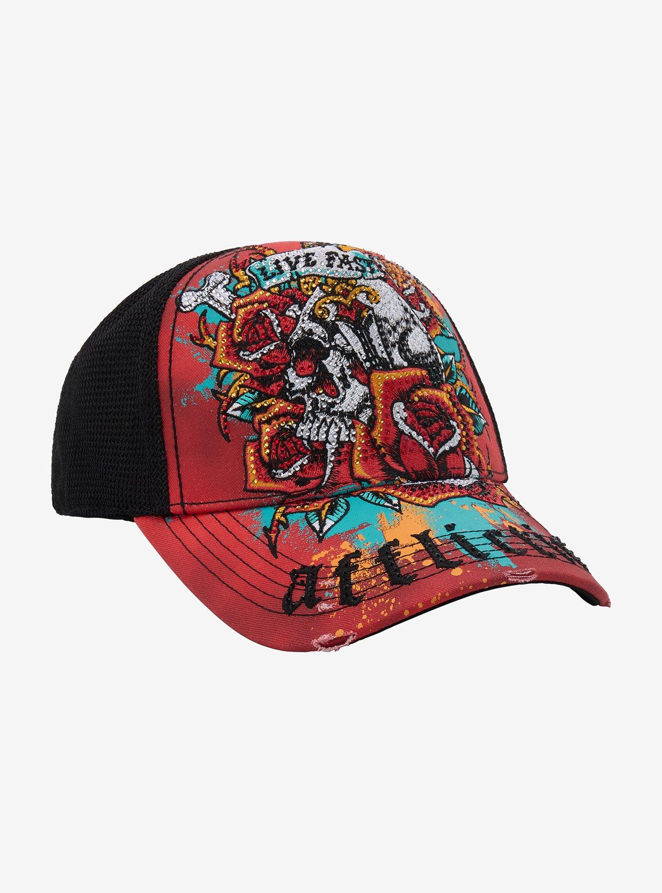 Affliction Skull Roses Rhinestone Trucker Hat, , hi-res