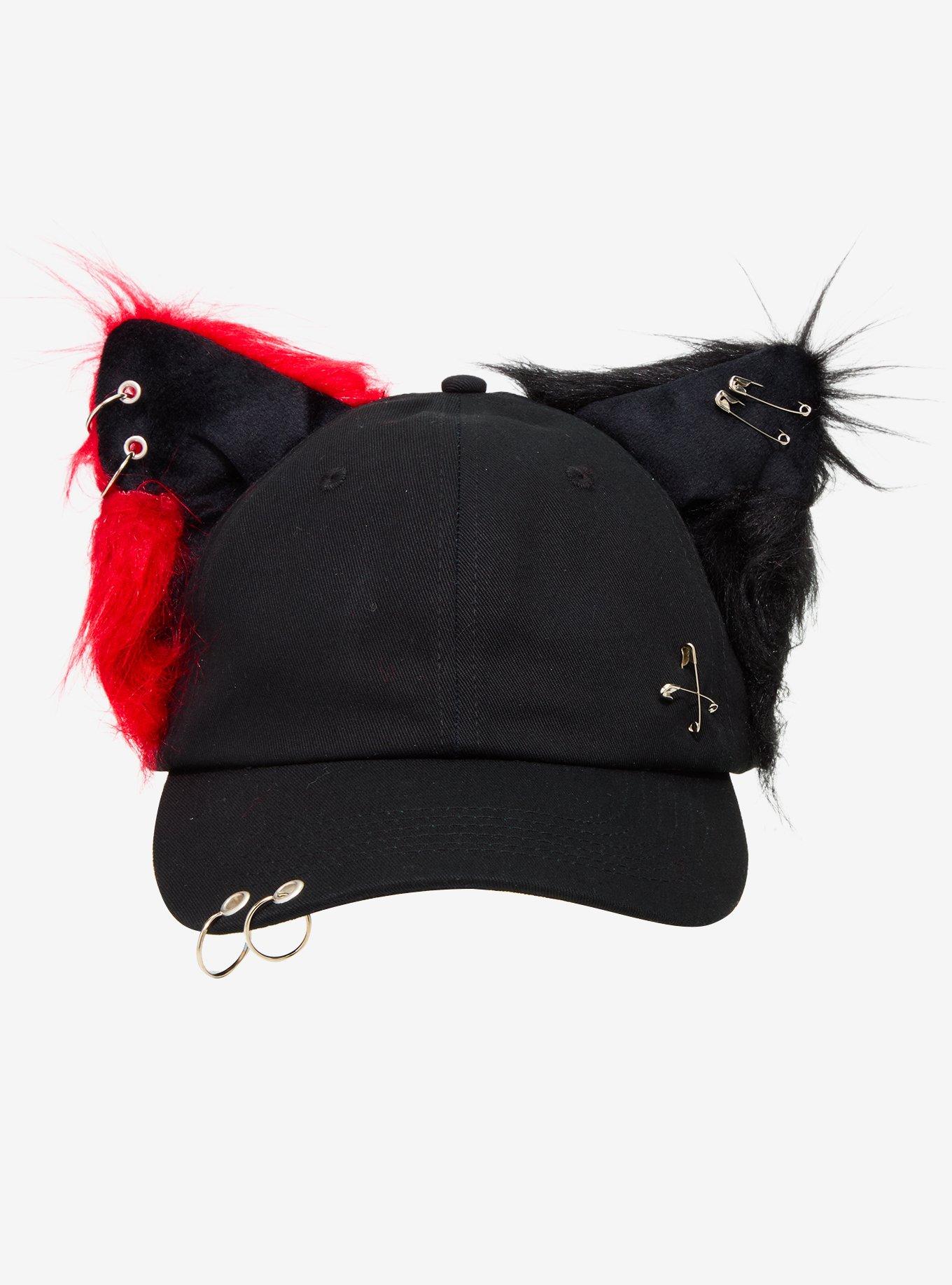 Black & Red Pierced Fuzzy Ears Dad Cap, , hi-res
