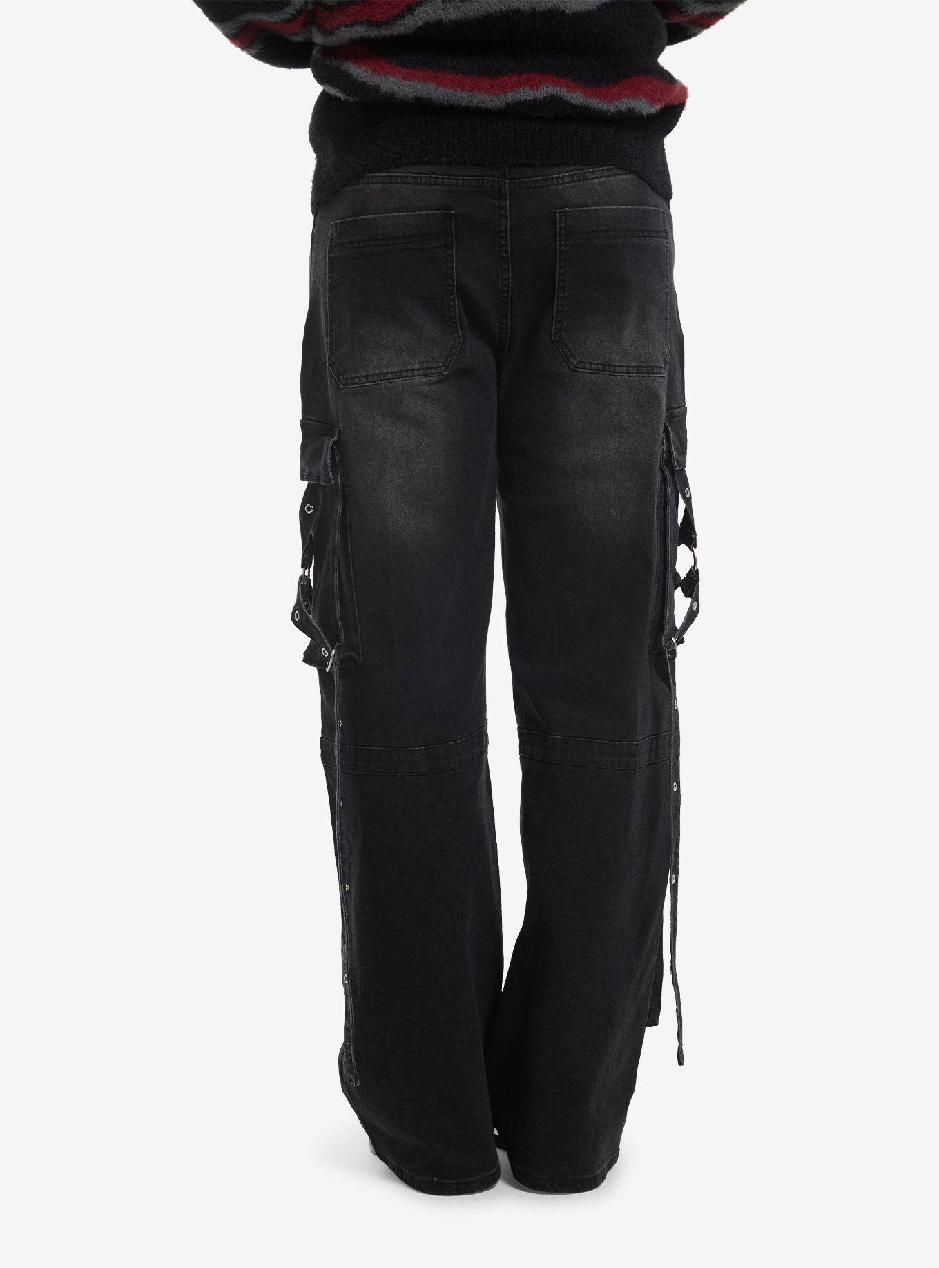 Dark Wash Grommet Suspender Strap Cargo Jeans, , hi-res