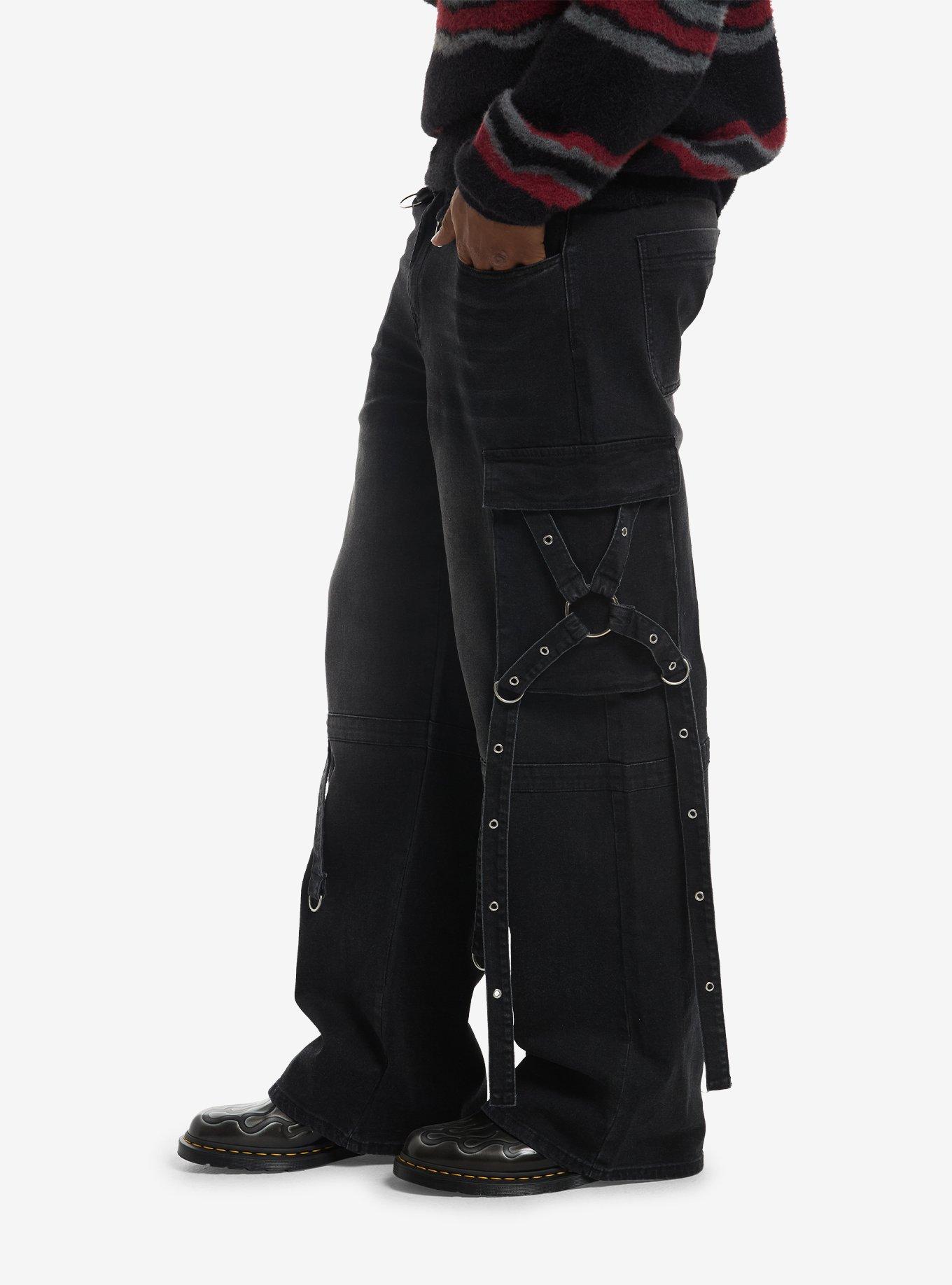 Dark Wash Grommet Suspender Strap Cargo Jeans, BLACK, alternate