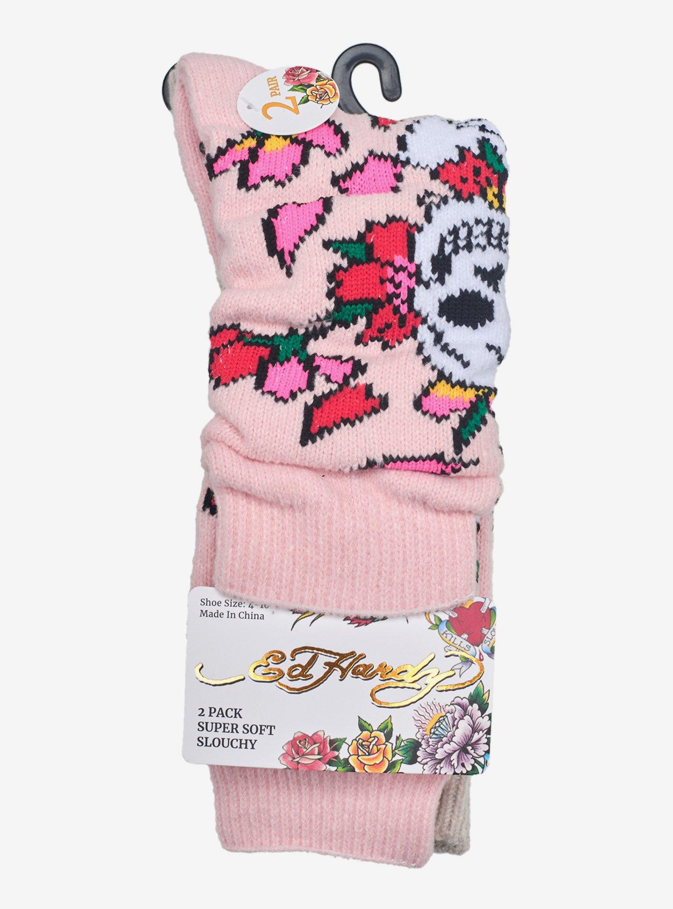 Ed Hardy Embroidery Waffle Knit Skeleton Mid Crew 2-Pack Socks, , hi-res