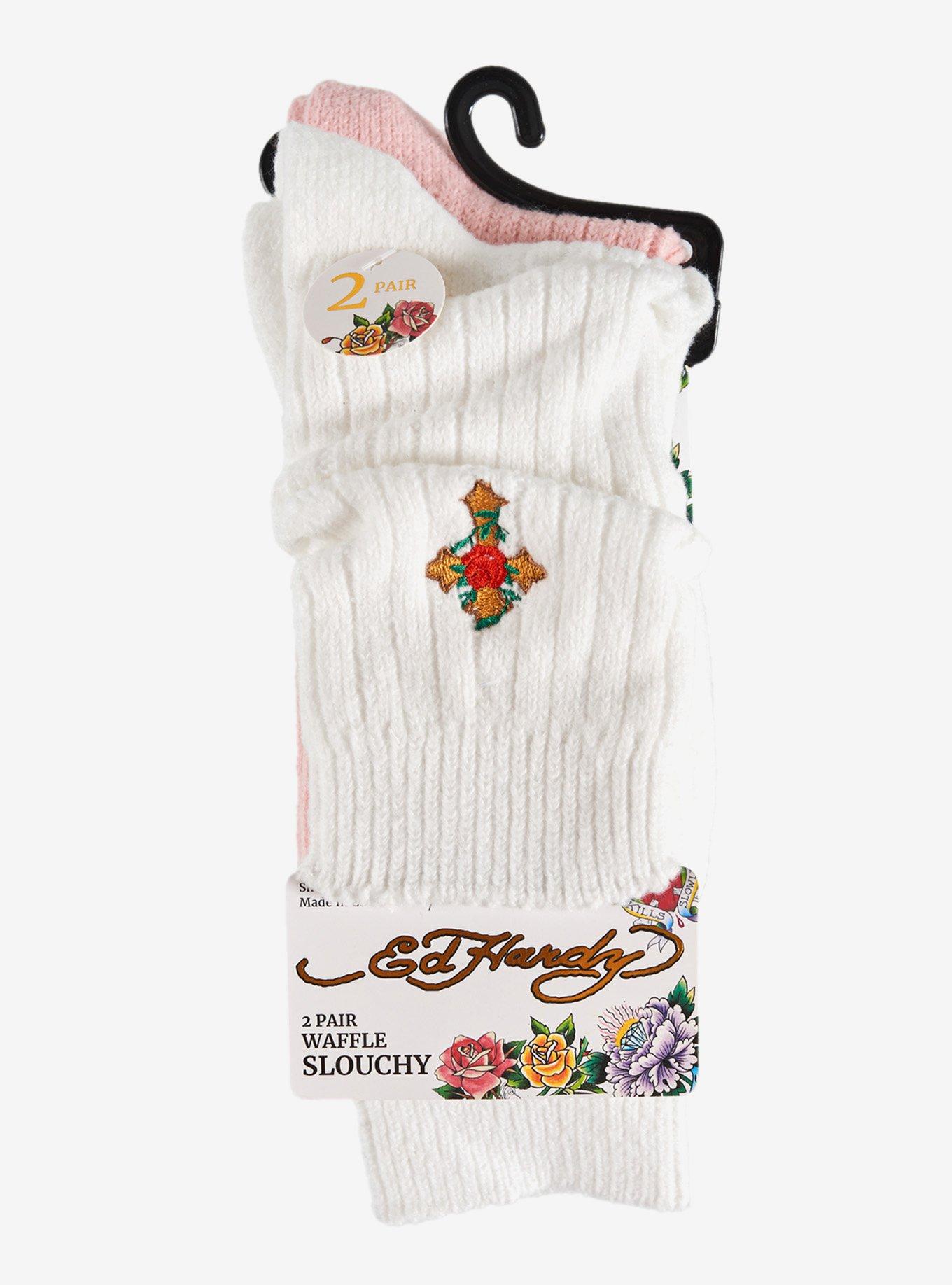 Ed Hardy Embroidery Waffle Knit Mid Crew 2-Pack Socks, , hi-res