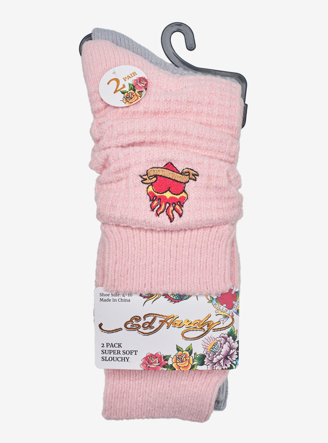 Ed Hardy Embroidery Waffle Knit Heart Mid Crew 2-Pack Socks, , hi-res