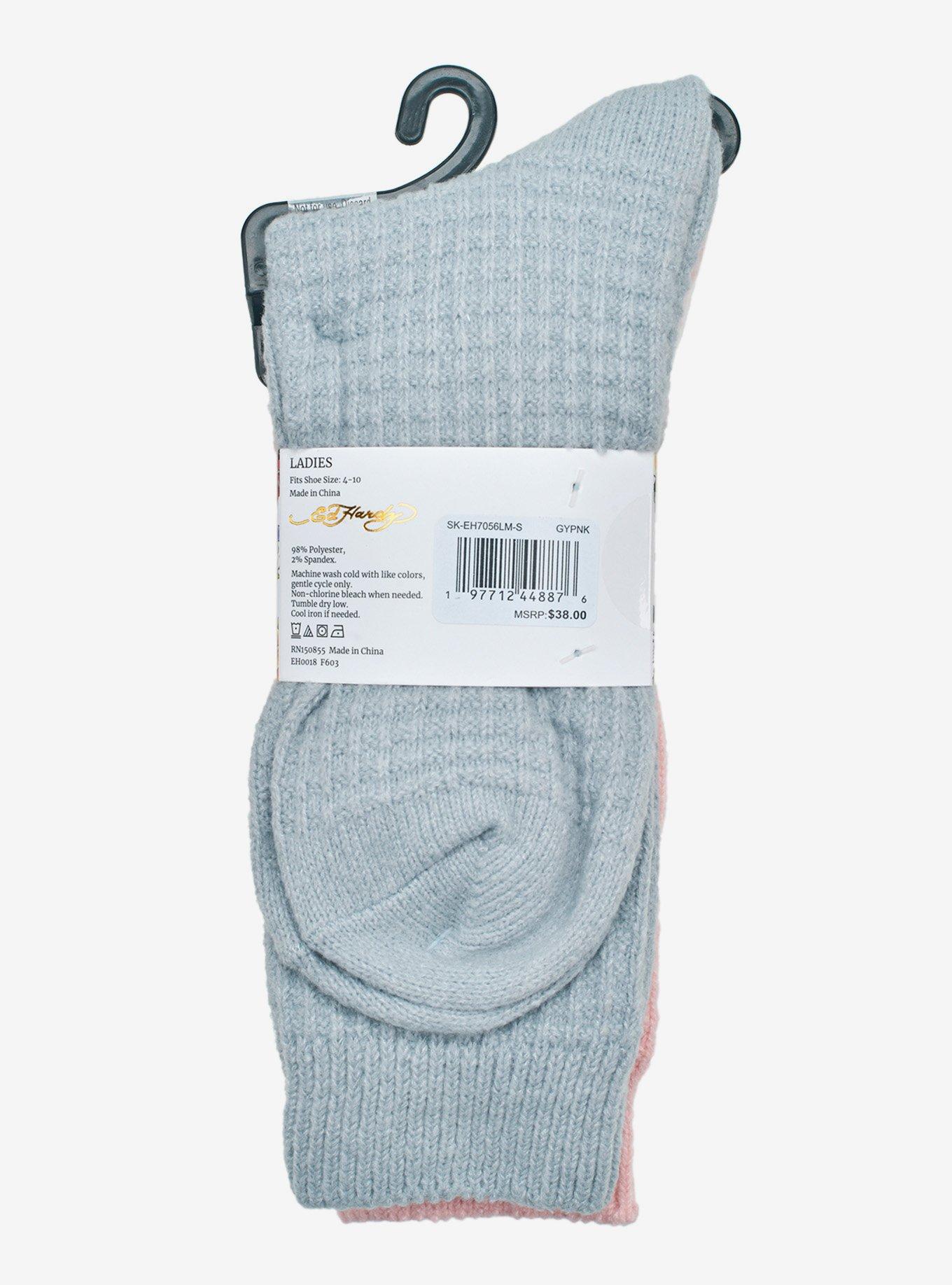 Ed Hardy Embroidery Waffle Knit Heart Mid Crew 2-Pack Socks, , alternate