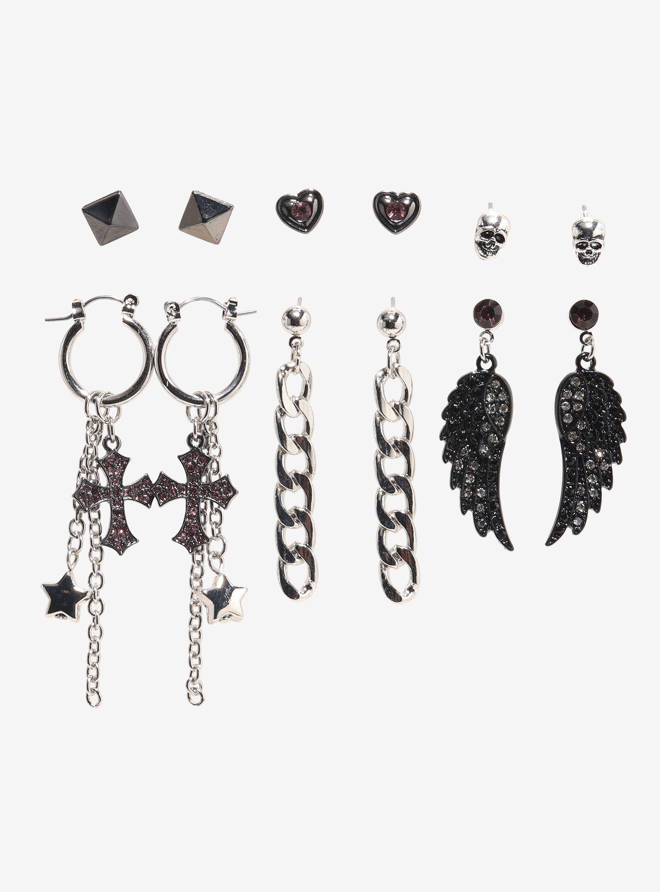 Angel Wing Cross Skull Earring Set, , hi-res