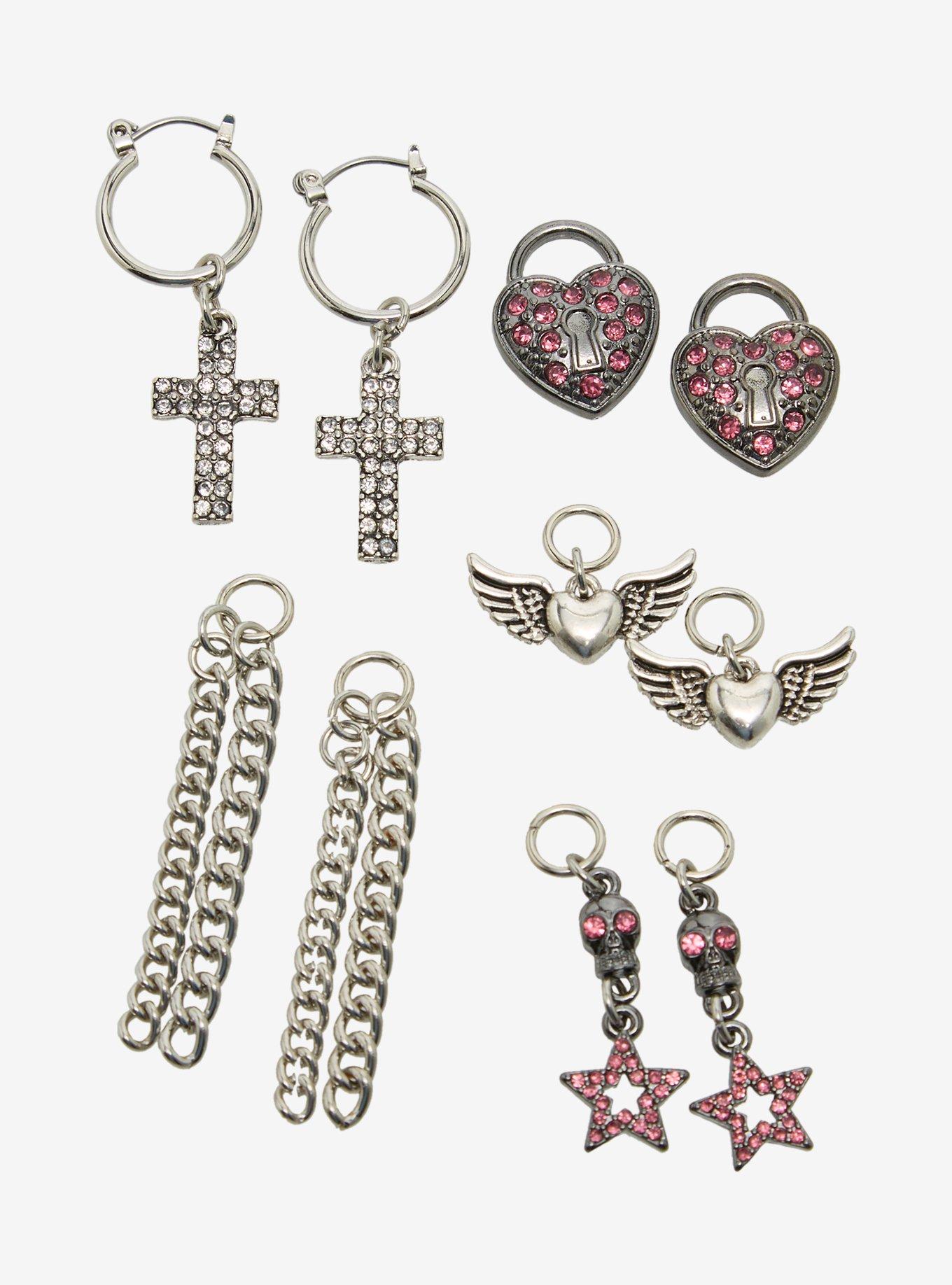 Winged Heart Rhinestone Cross Interchangeable Charm Earring Set, , hi-res