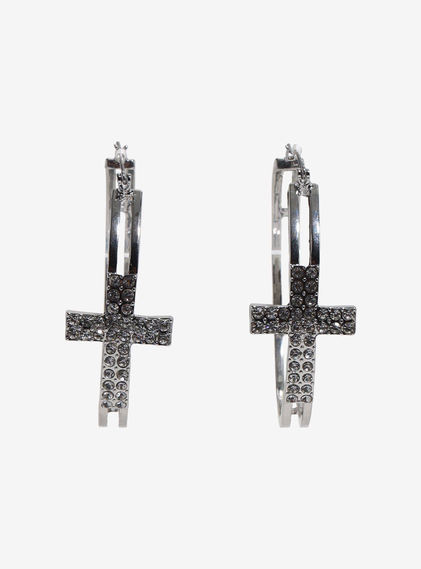 Silver Bling Cross Hoop Earrings, , hi-res
