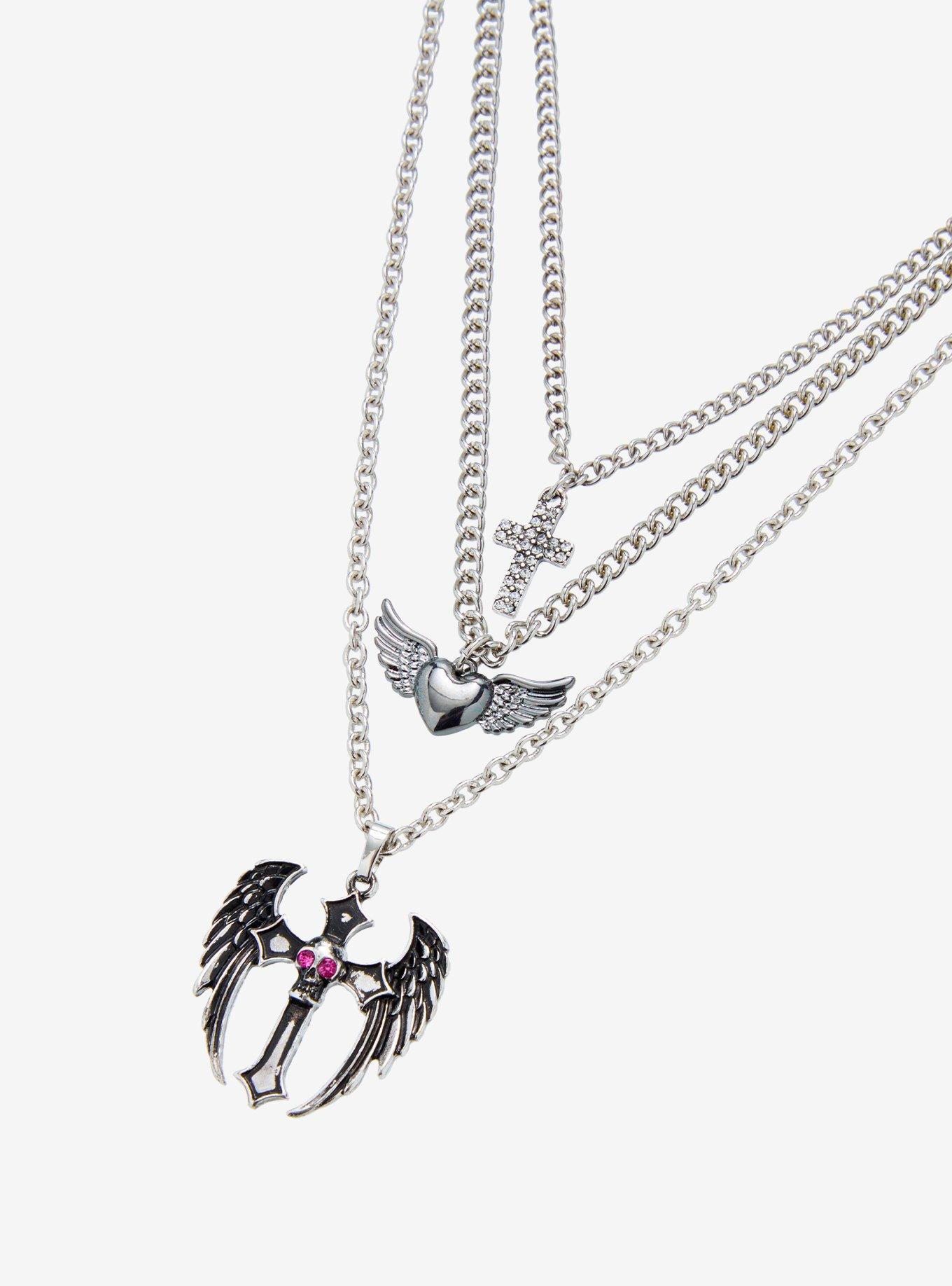 Winged Cross Heart Necklace Set, , alternate