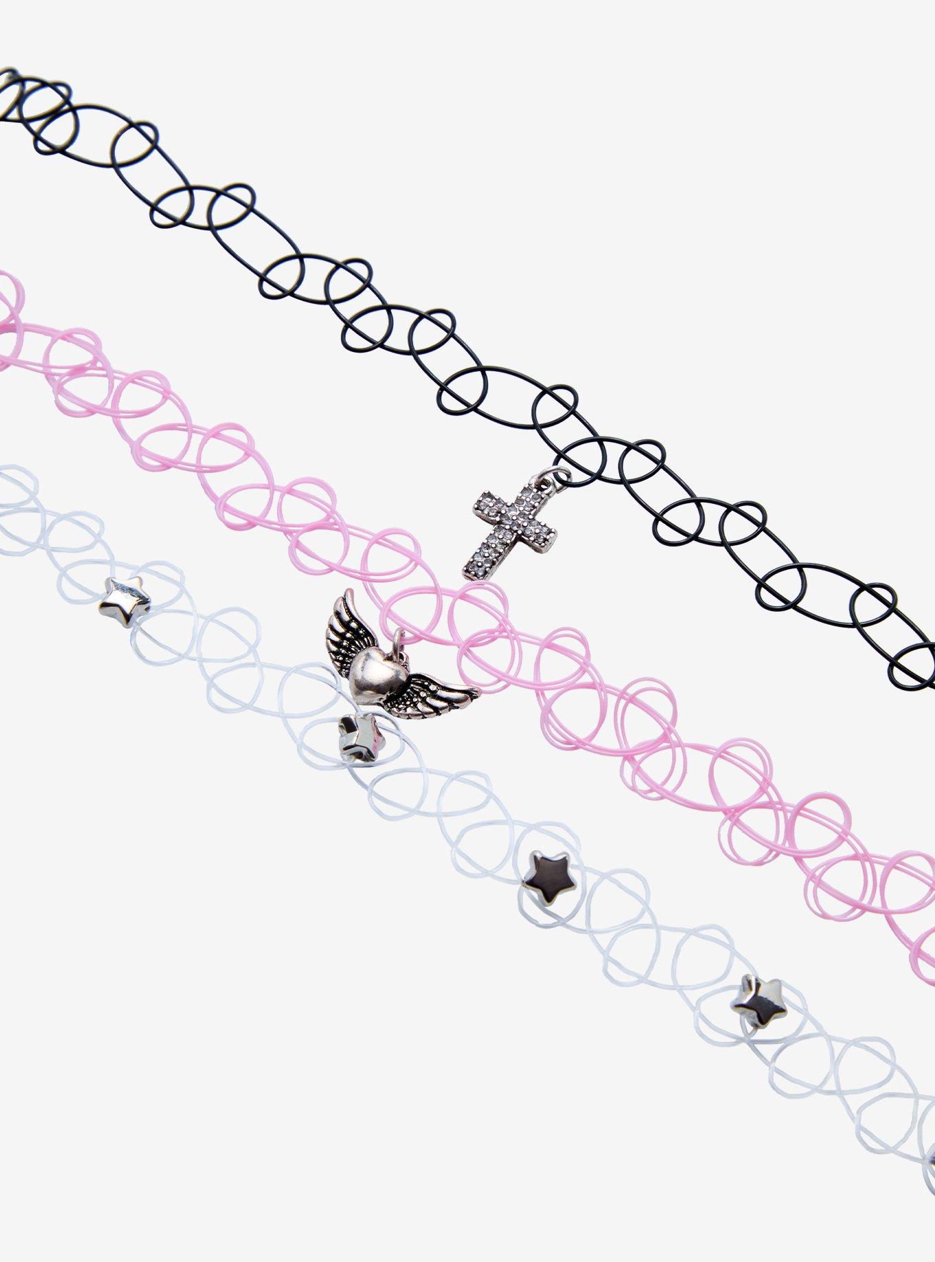 Winged Heart Rhinestone Cross Tattoo Choker Set, , alternate
