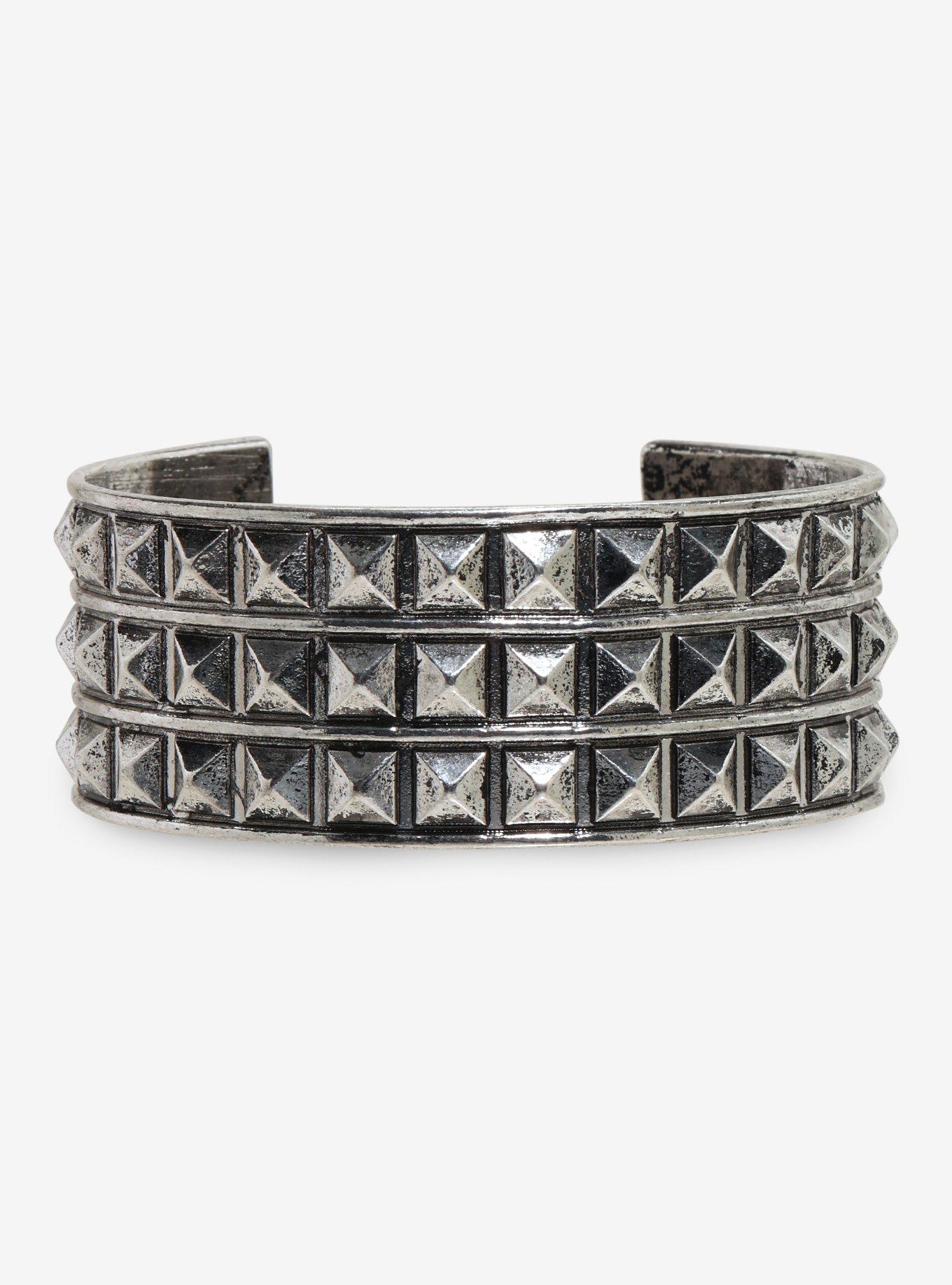 Silver Pyramid Stud Metal Cuff Bracelet, , hi-res