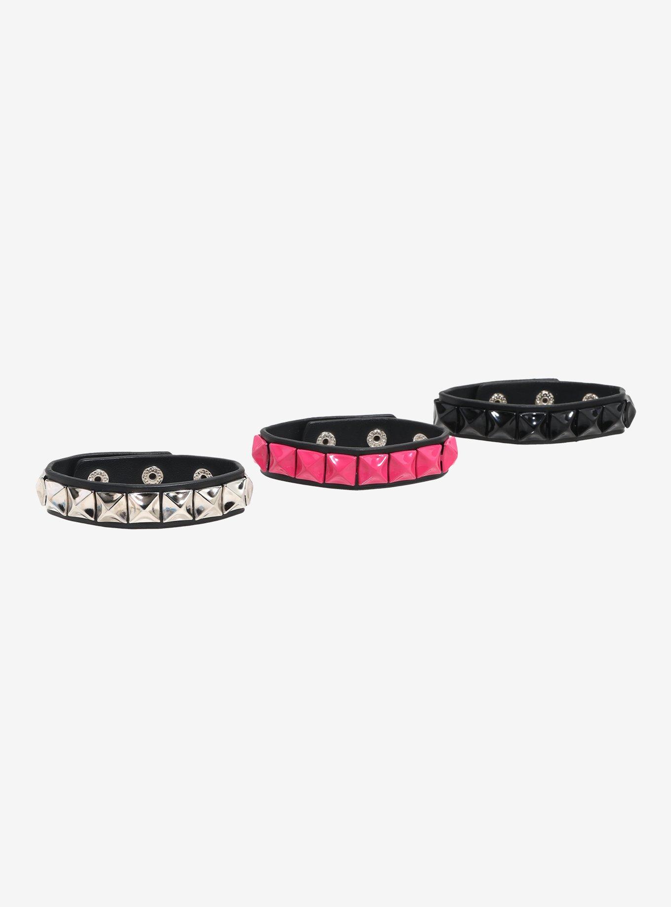 Pink Silver Black Pyramid Stud Bracelet Set, , hi-res
