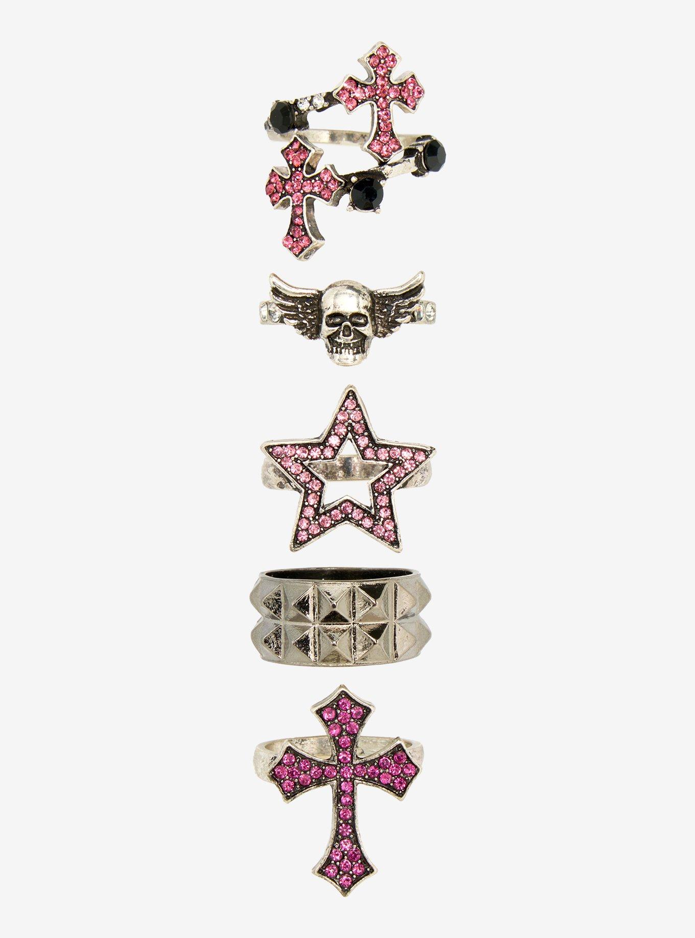 Pink Rhinestone Y2K Cross Star Ring Set, , hi-res