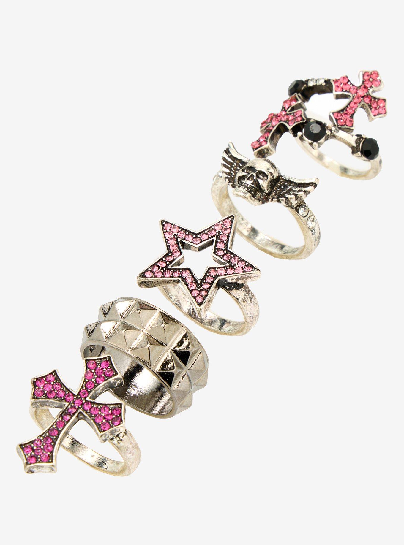 Pink Rhinestone Y2K Cross Star Ring Set, , alternate