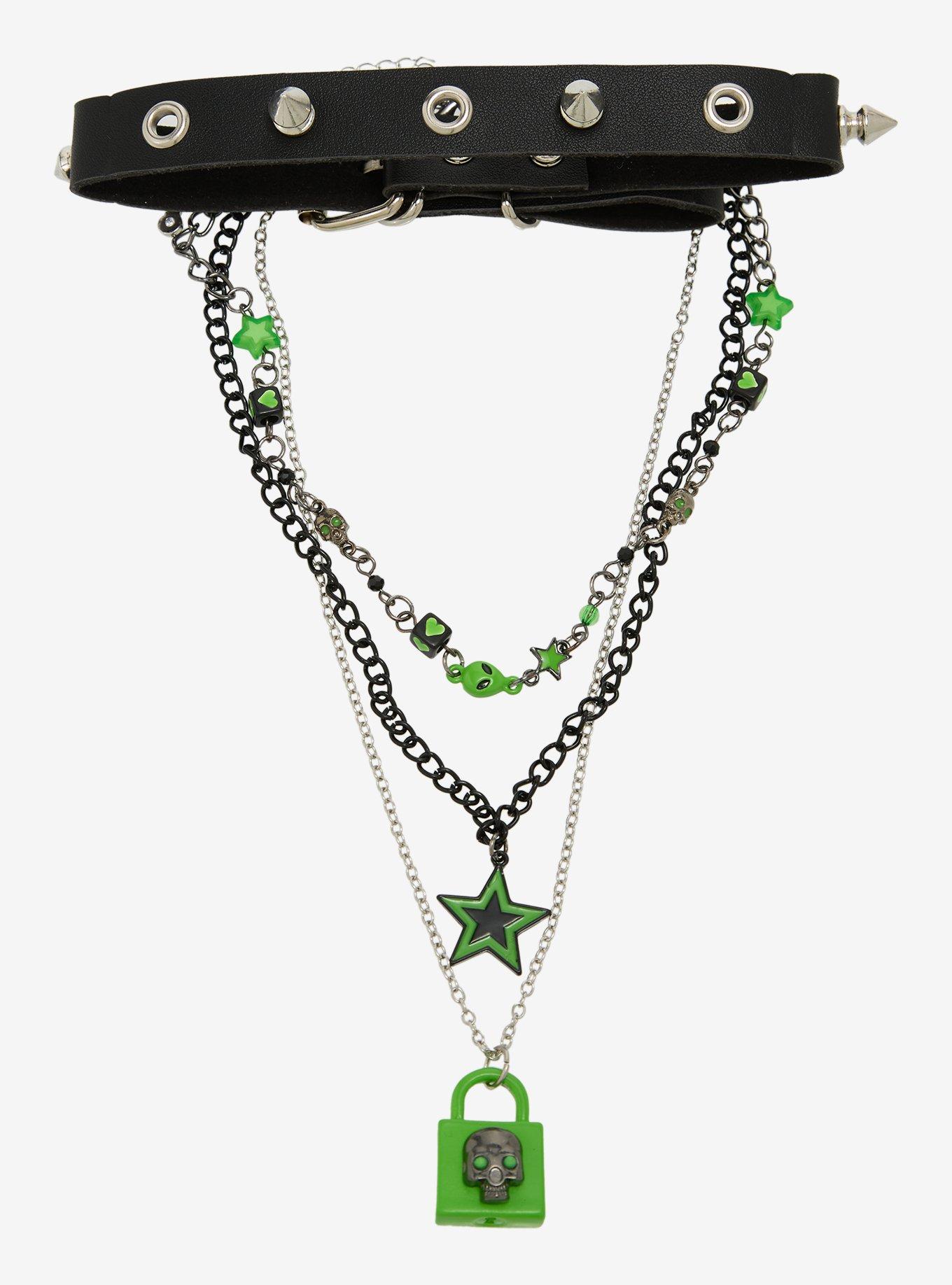 Green Skull Lock Star Necklace Set, , hi-res