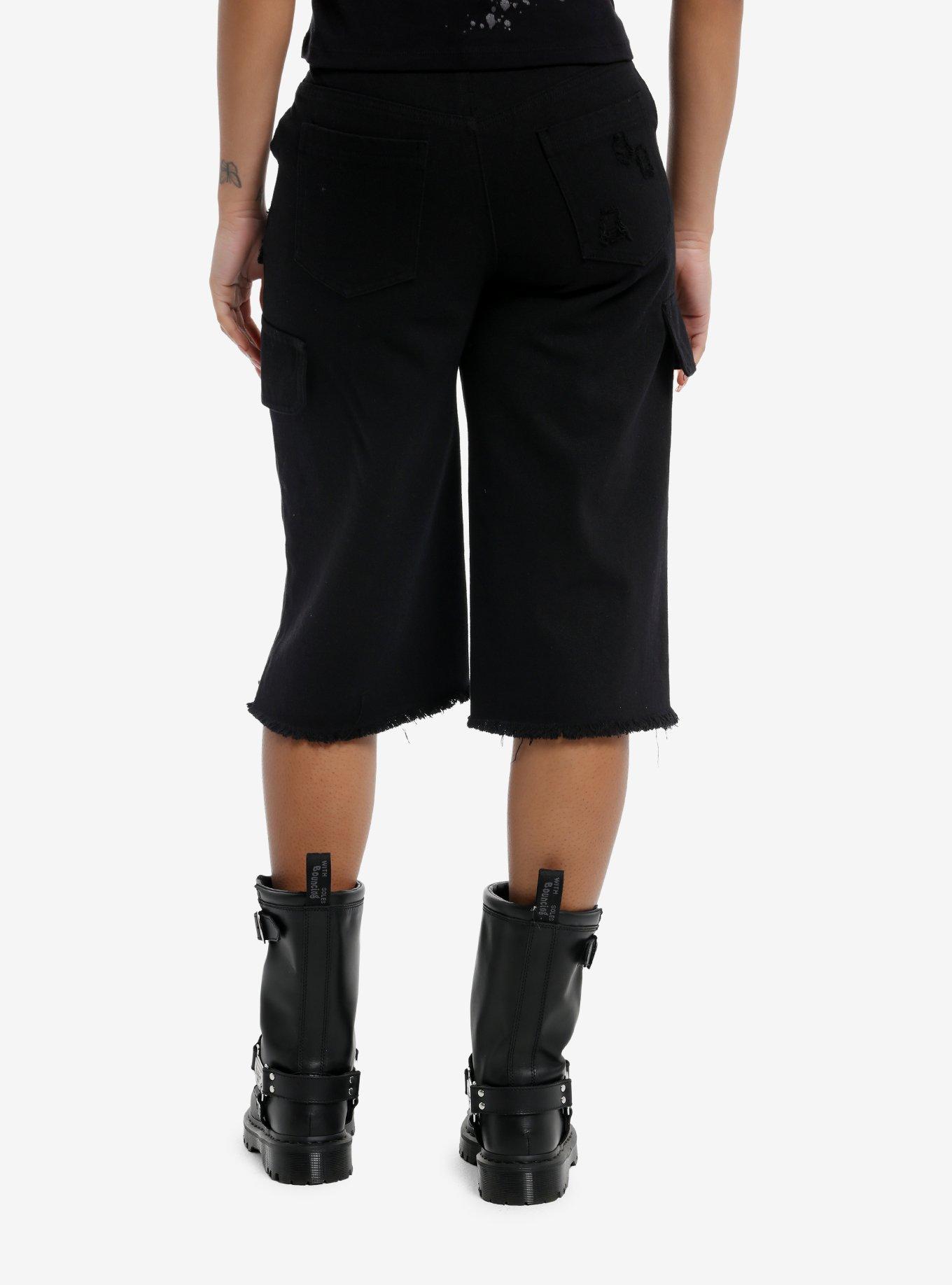 Black Destructed Girls Cargo Jorts, , hi-res