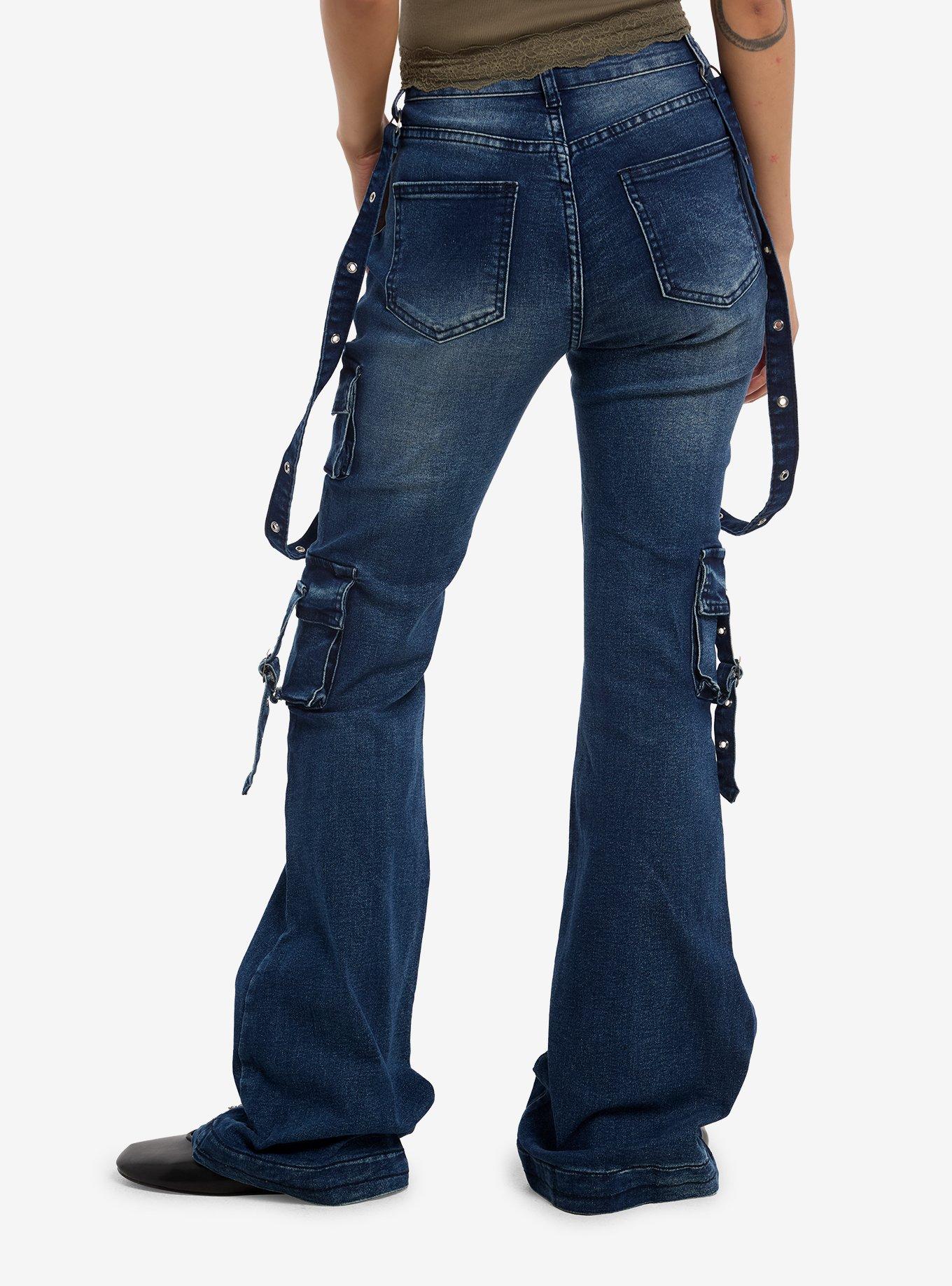 Indigo Suspender Cargo Flare Jeans, , hi-res