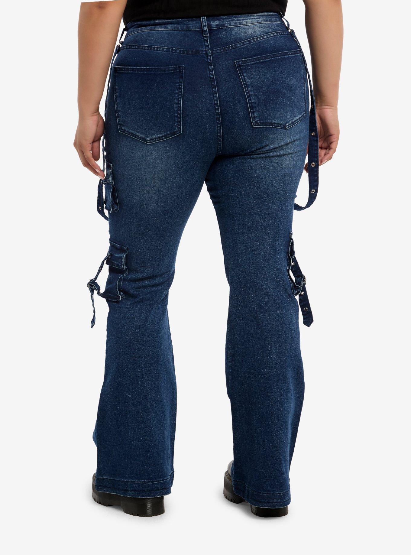 Indigo Suspender Cargo Flare Jeans Plus Size, , hi-res