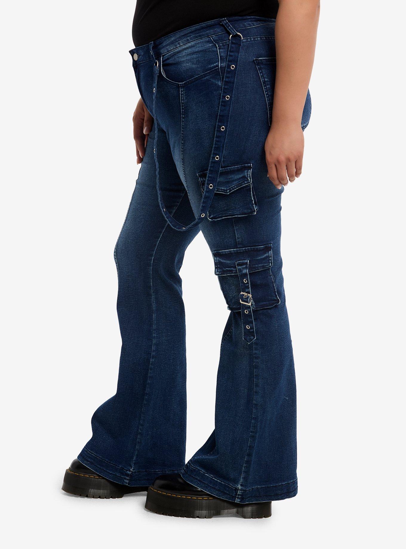 Indigo Suspender Cargo Flare Jeans Plus Size, MULTI, alternate - view 3