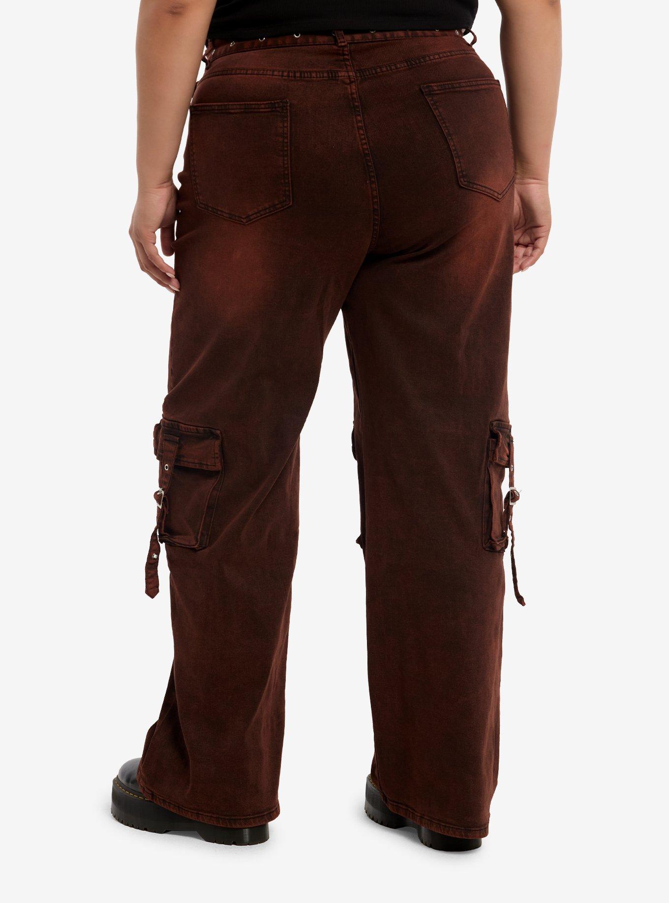Red Wash Belted Cargo Wide Leg Jeans Plus Size, , hi-res