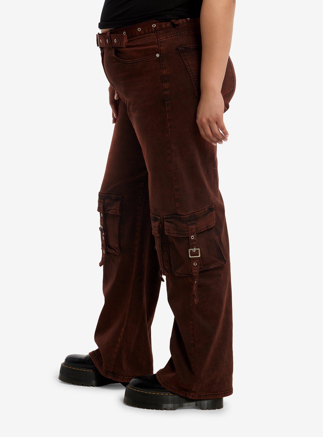 Red Wash Belted Cargo Wide Leg Jeans Plus Size, MULTI, alternate