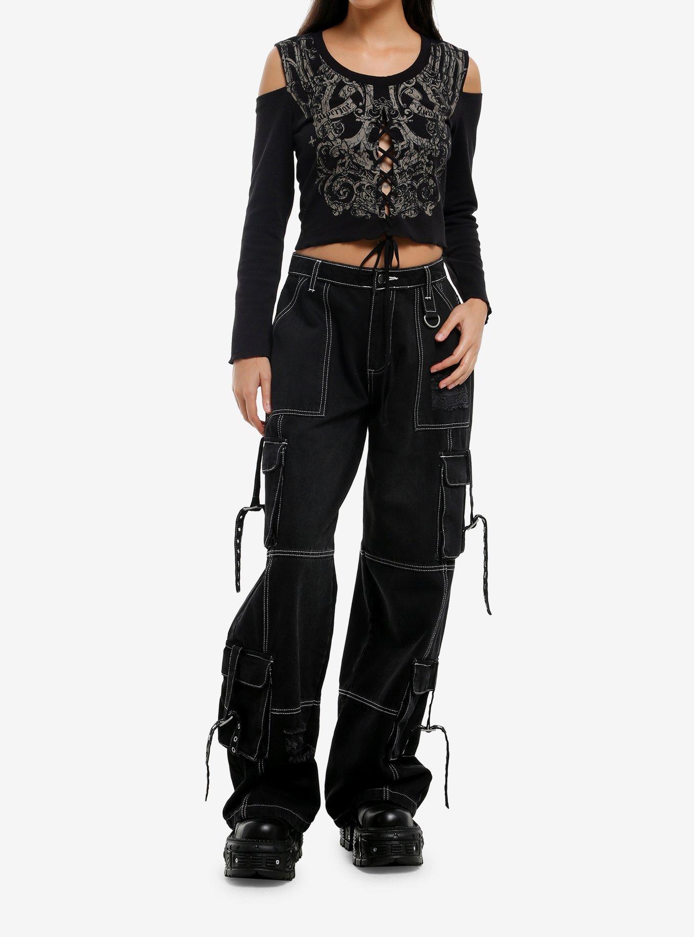 Affliction Black Lace-Up Girls Cold-Shoulder Top, MULTI, alternate