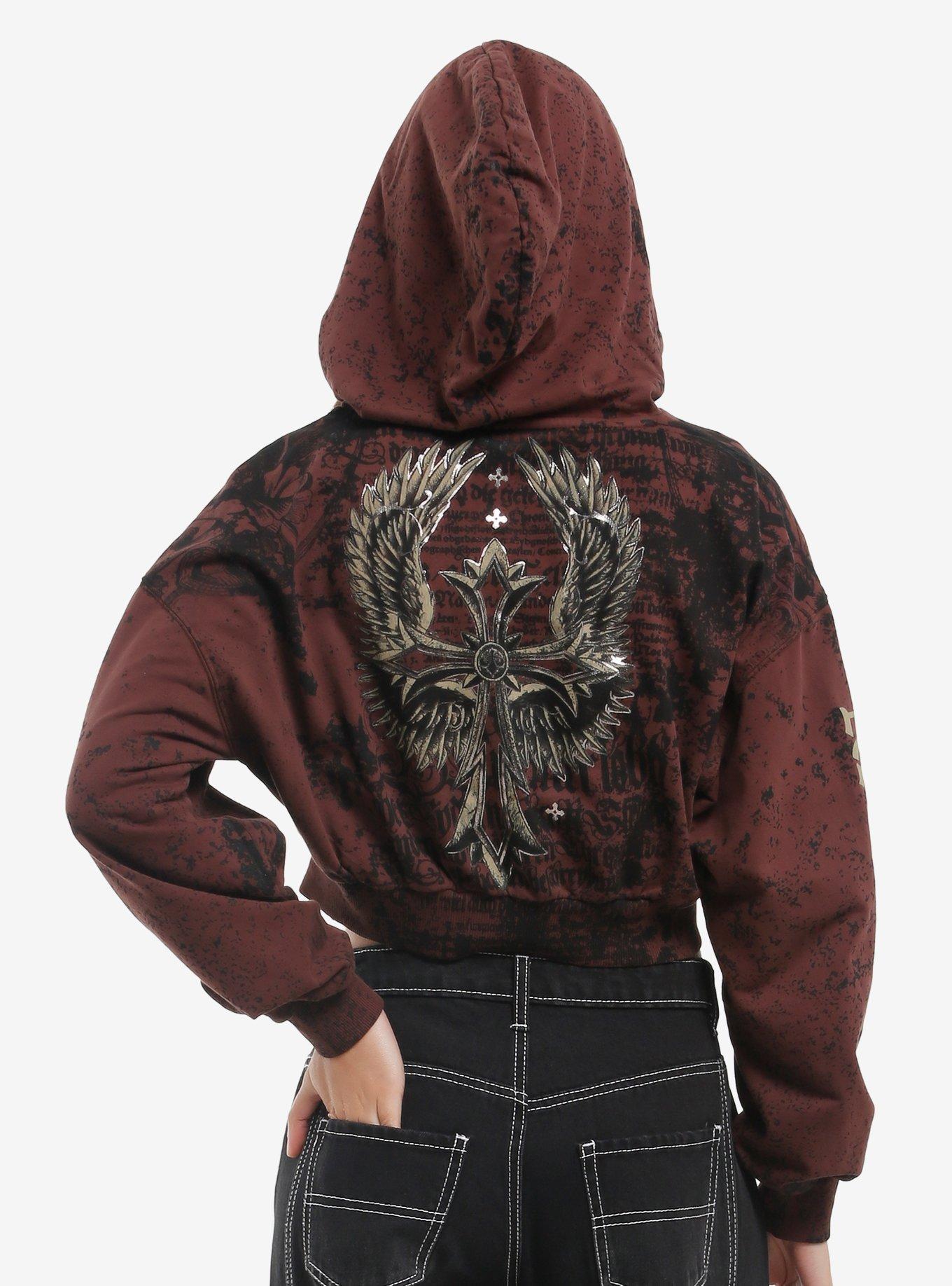 Affliction Metallic Winged Cross Girls Crop Hoodie, , hi-res