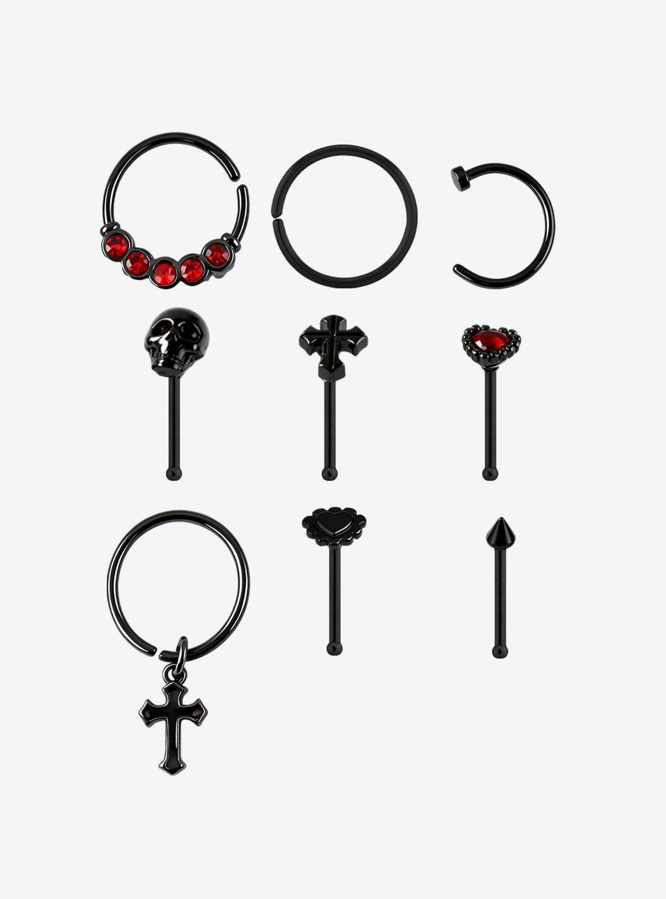 Steel Black Heart & Cross Nose Stud & Hoop 9 Pack, , hi-res