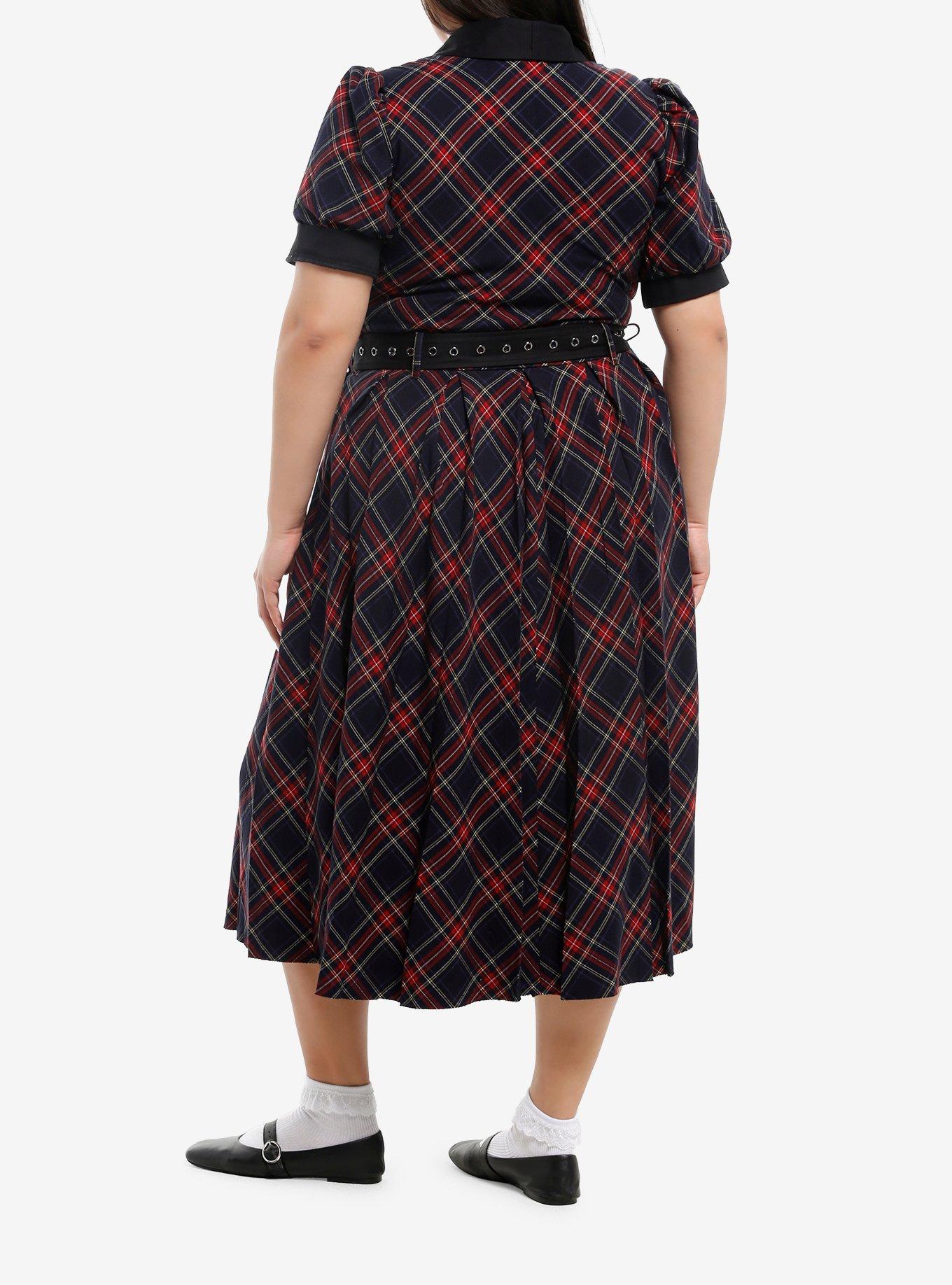 Social Collision Black & Red Plaid Belted Midi Dress Plus Size, , hi-res