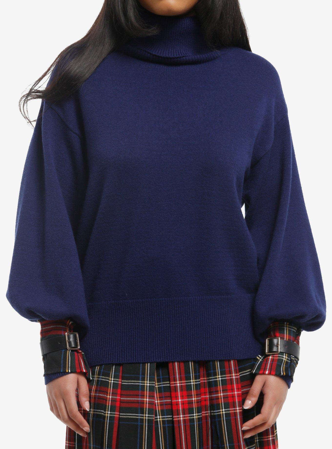 Social Collision Blue & Plaid Buckle Girls Turtleneck Sweater, , hi-res
