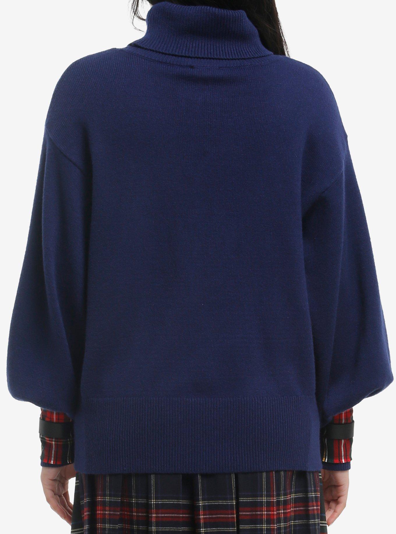 Social Collision Blue & Plaid Buckle Girls Turtleneck Sweater, MULTI, alternate