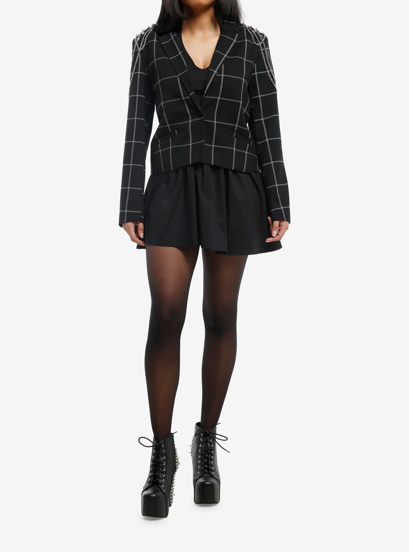 Social Collision Black Plaid Spike Chain Girls Crop Blazer, , hi-res