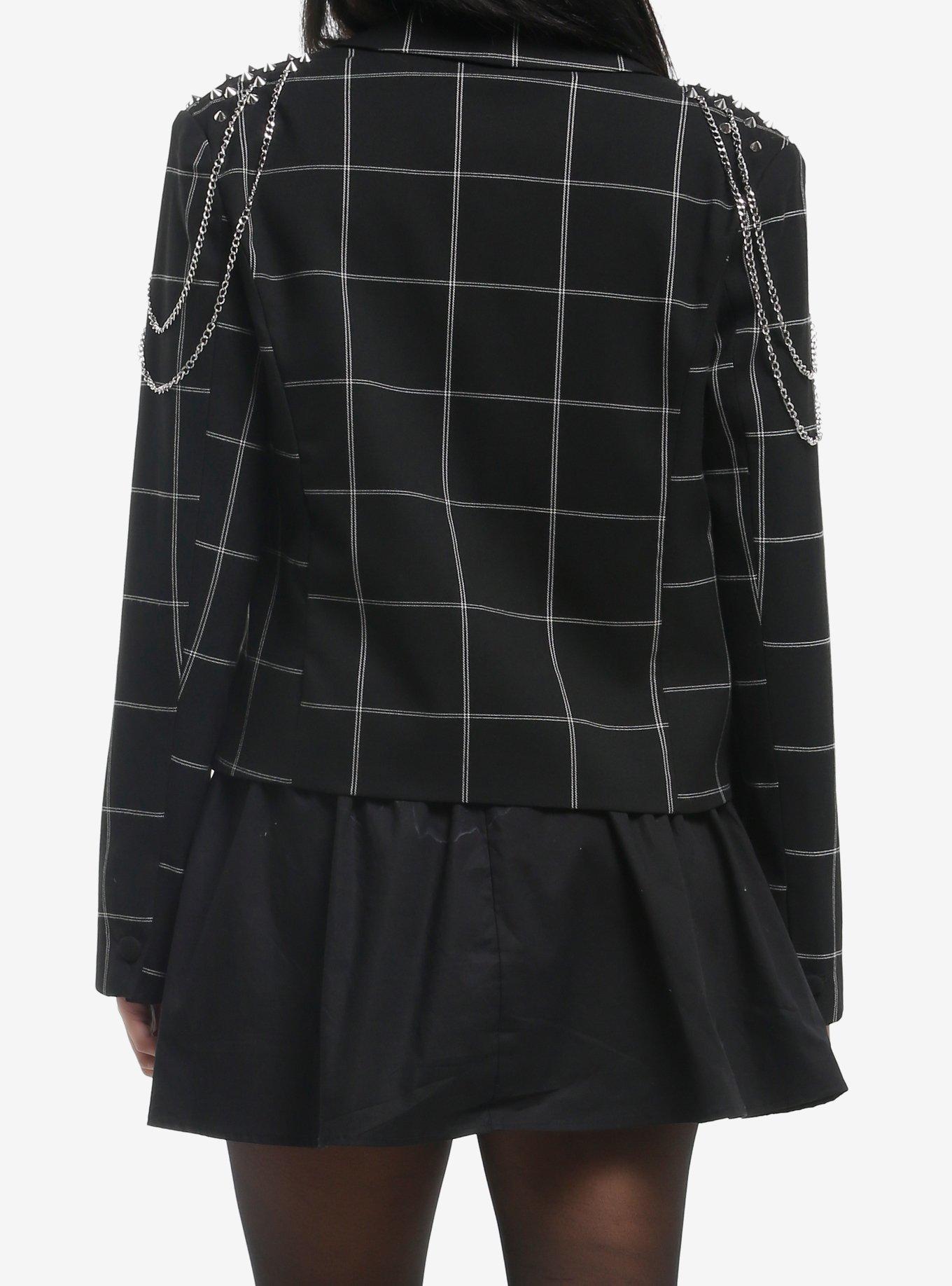 Social Collision Black Plaid Spike Chain Girls Crop Blazer, MULTI, alternate