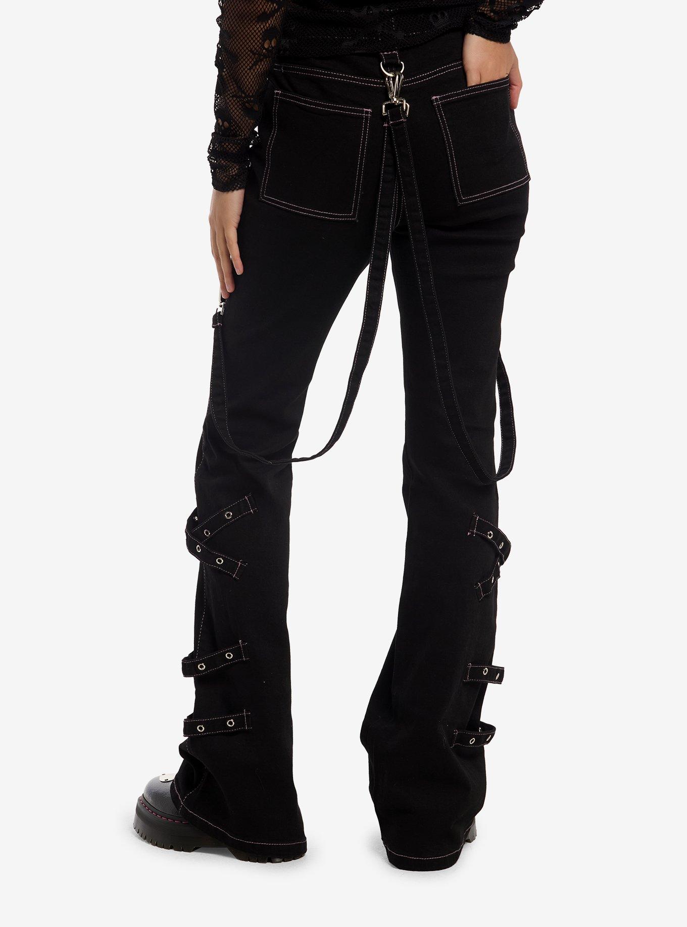 Black Grommet Strap Flare Carpenter Pants, , hi-res
