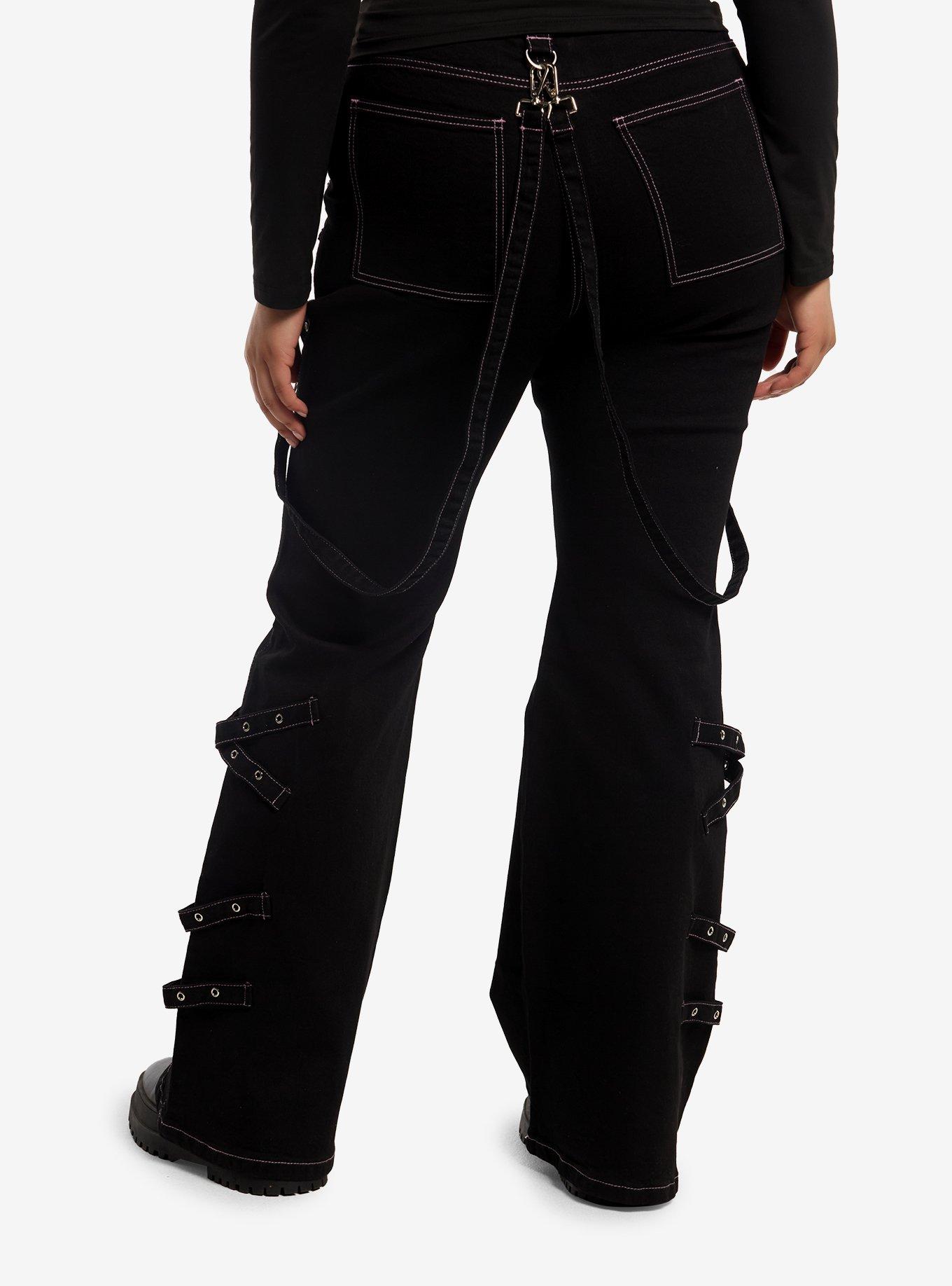 Black Grommet Strap Flare Carpenter Pants Plus Size, , hi-res