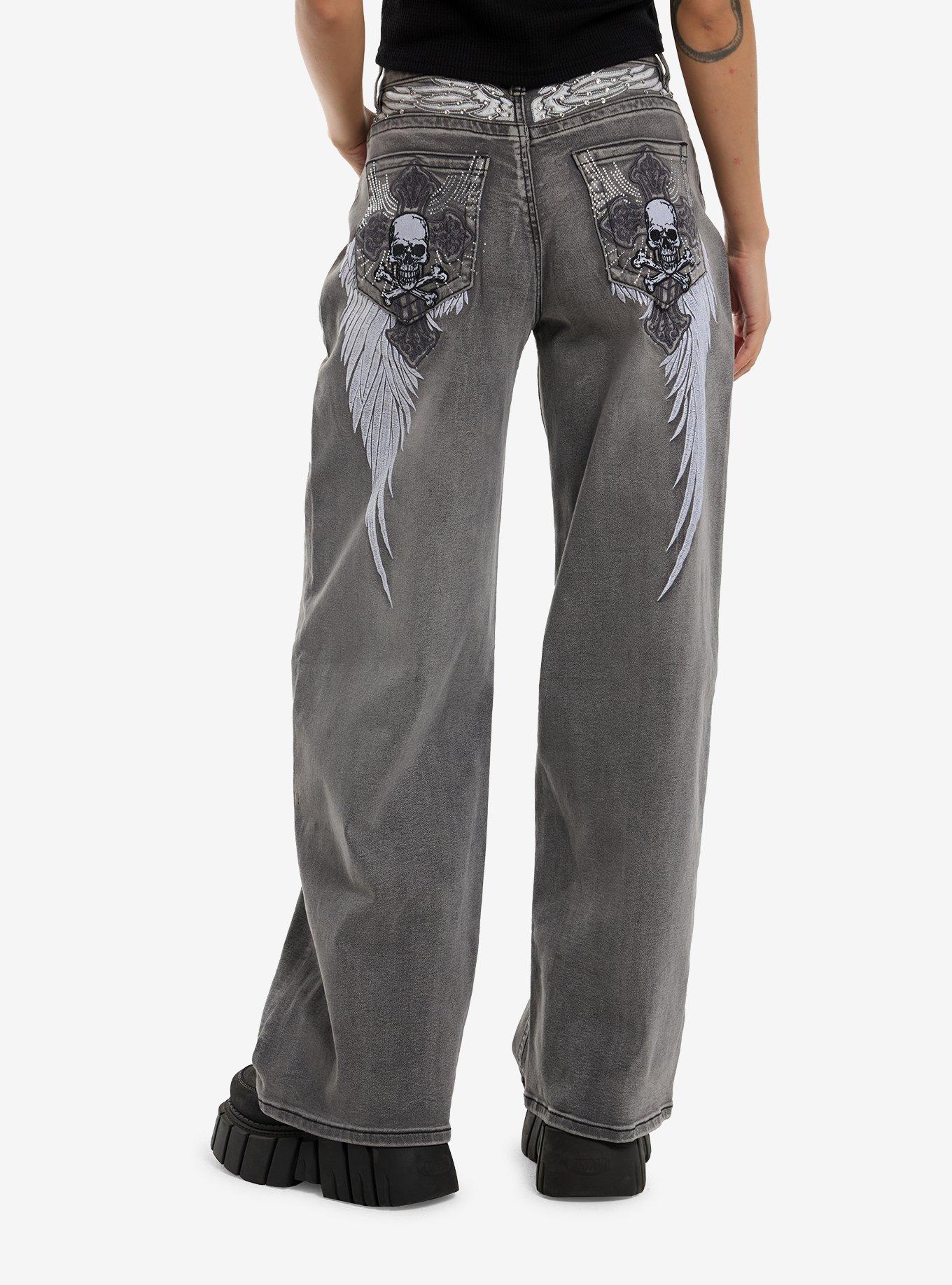 Grey Angel Wing & Skull Embroidered Wide Leg Jeans, , hi-res