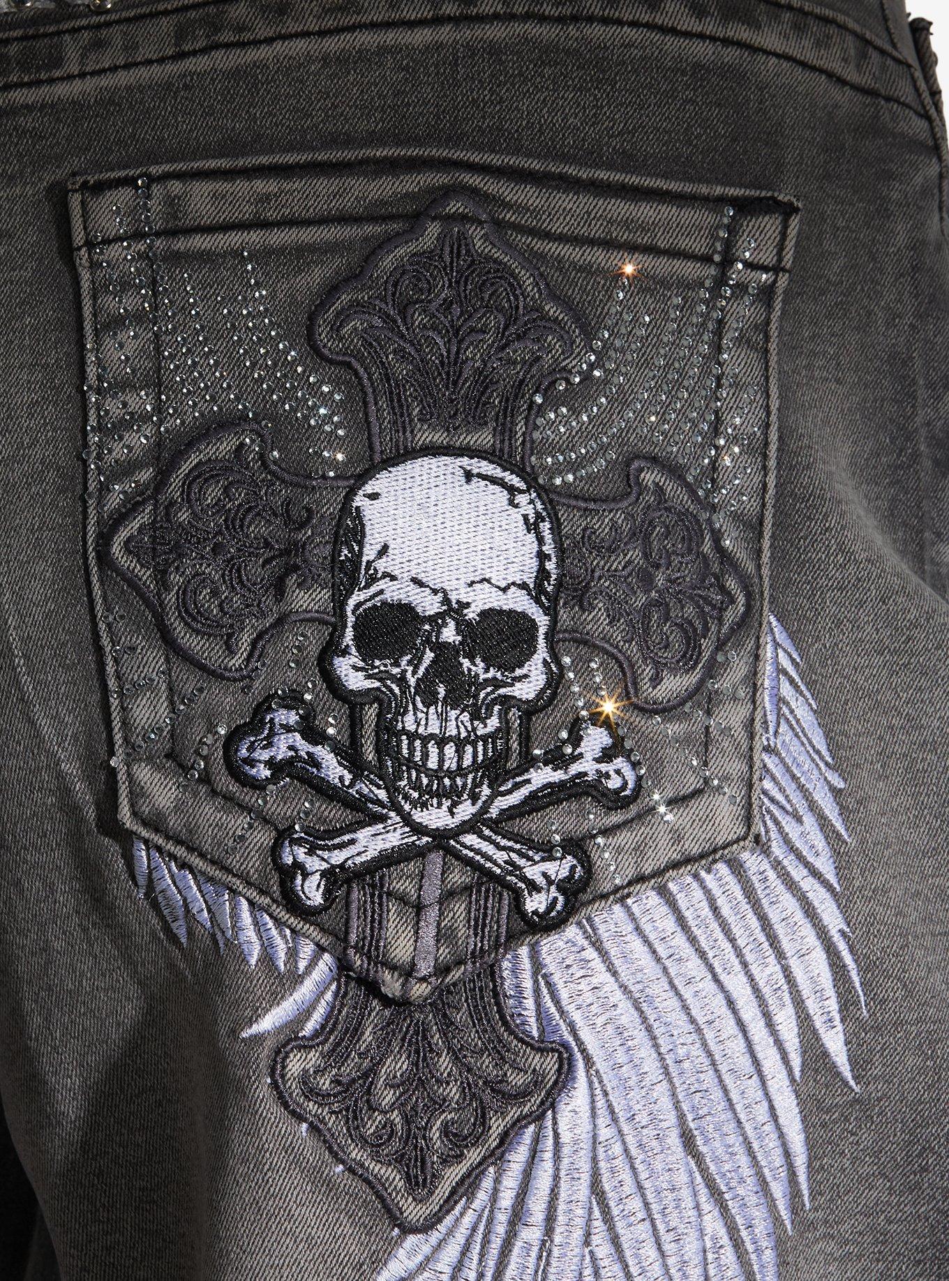 Grey Angel Wing & Skull Embroidered Wide Leg Jeans, MULTI, alternate