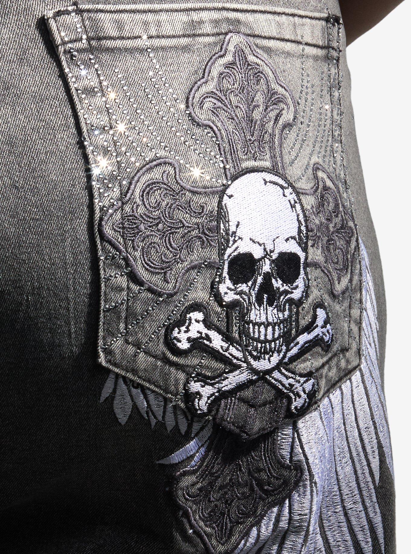 Grey Angel Wing & Skull Embroidered Wide Leg Jeans Plus Size, MULTI, alternate