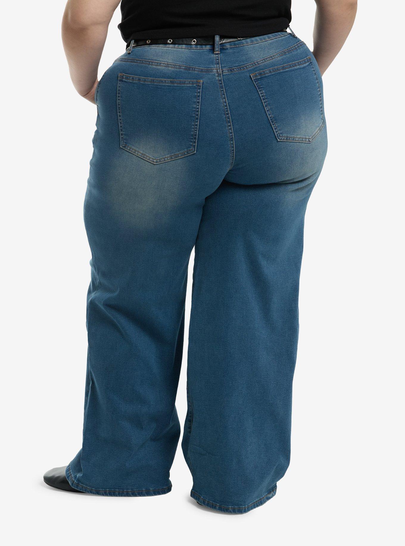 Indigo Gothic Cross Belted Wide Leg Jeans Plus Size, , hi-res