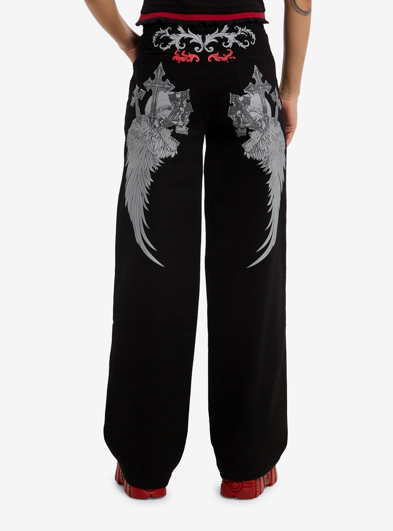 Winged Skull Cross Wide Leg Jeans, , hi-res