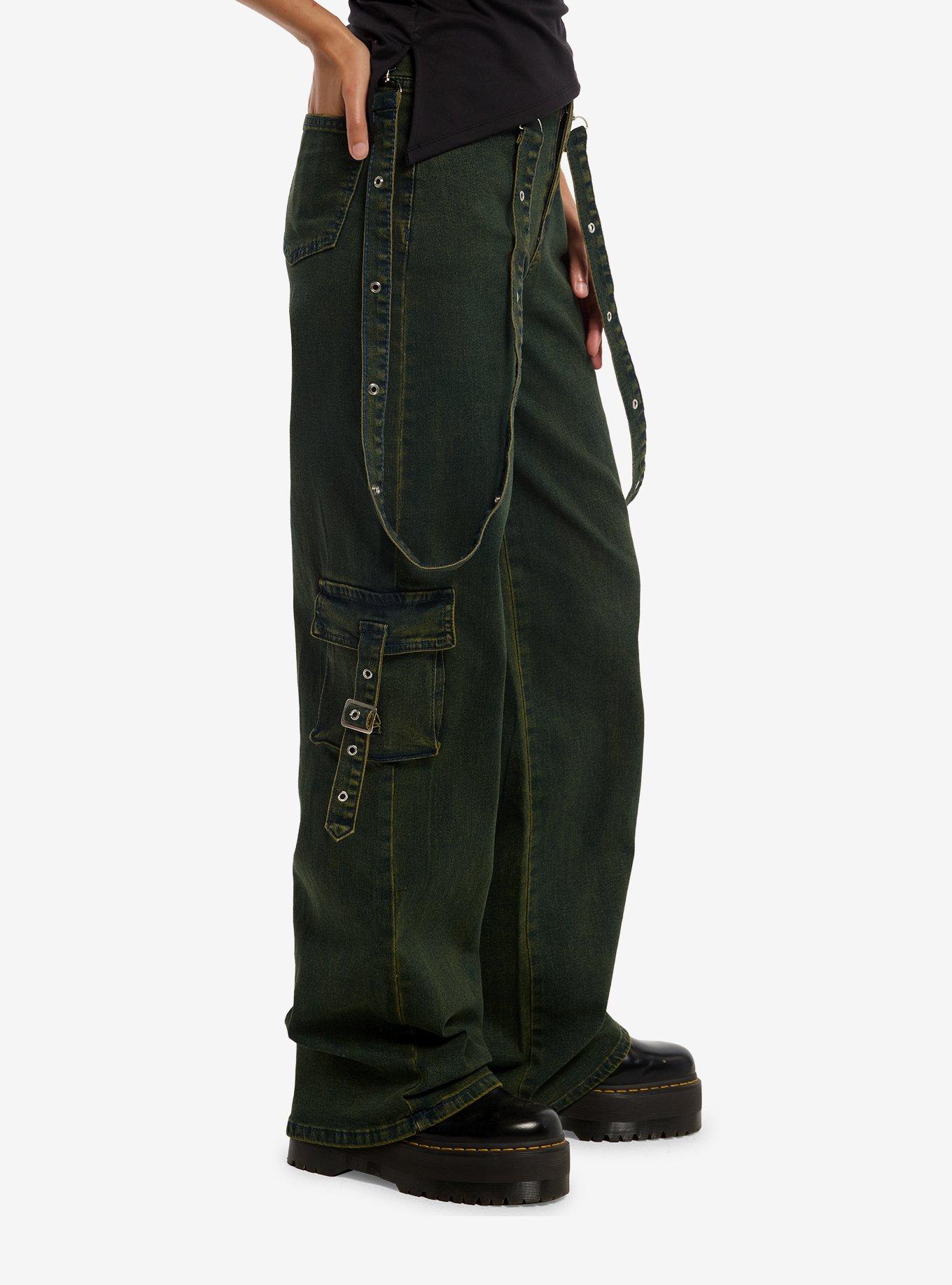 Vintage Wash Suspender Cargo Wide Leg Jeans, , hi-res