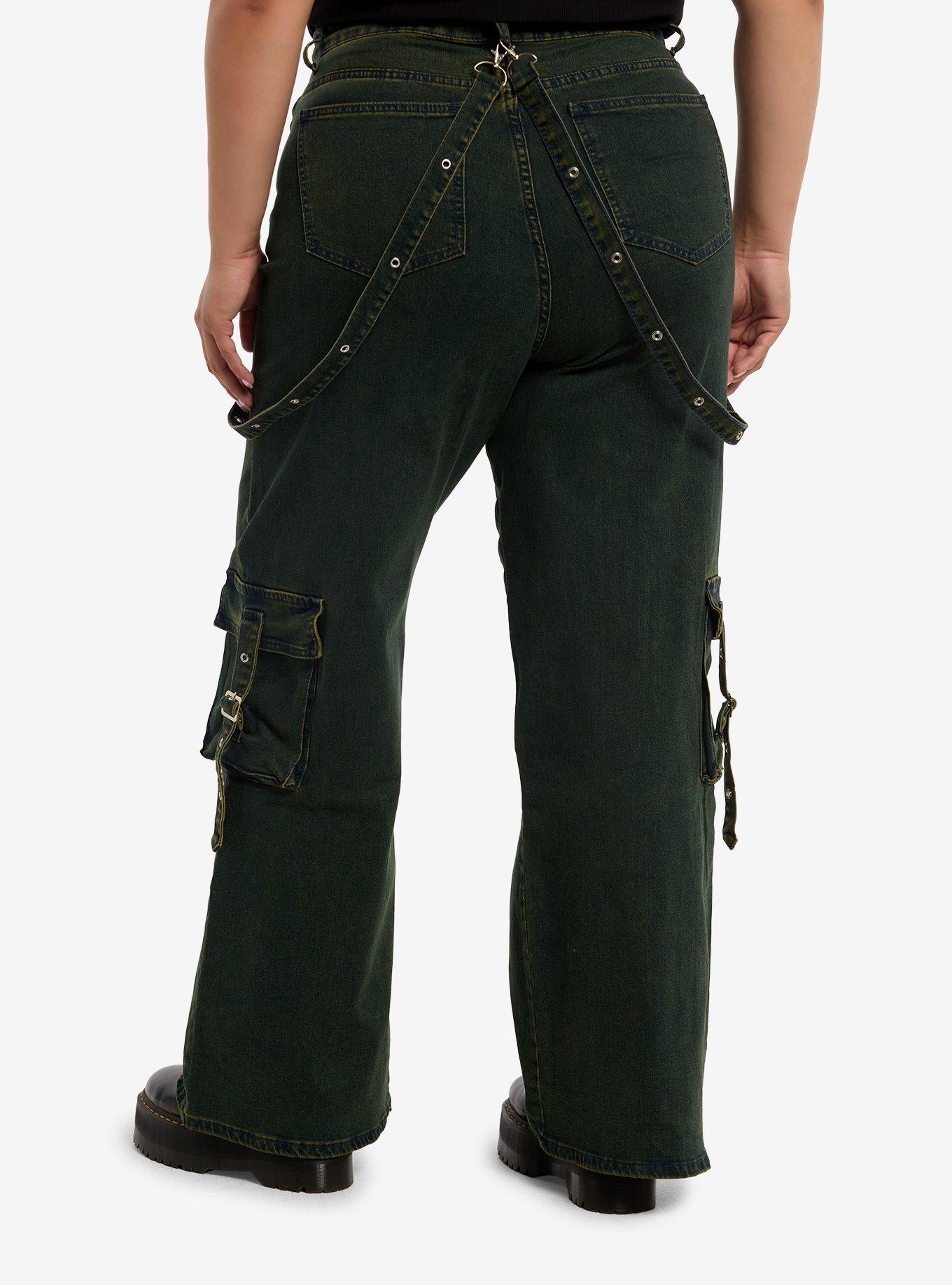 Vintage Wash Suspender Cargo Wide Leg Jeans Plus Size, , hi-res